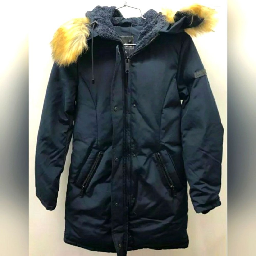 Sam Edelman Designer Hooded Fur Women Navy Blue Indulated Fleece Jacket Sz XS