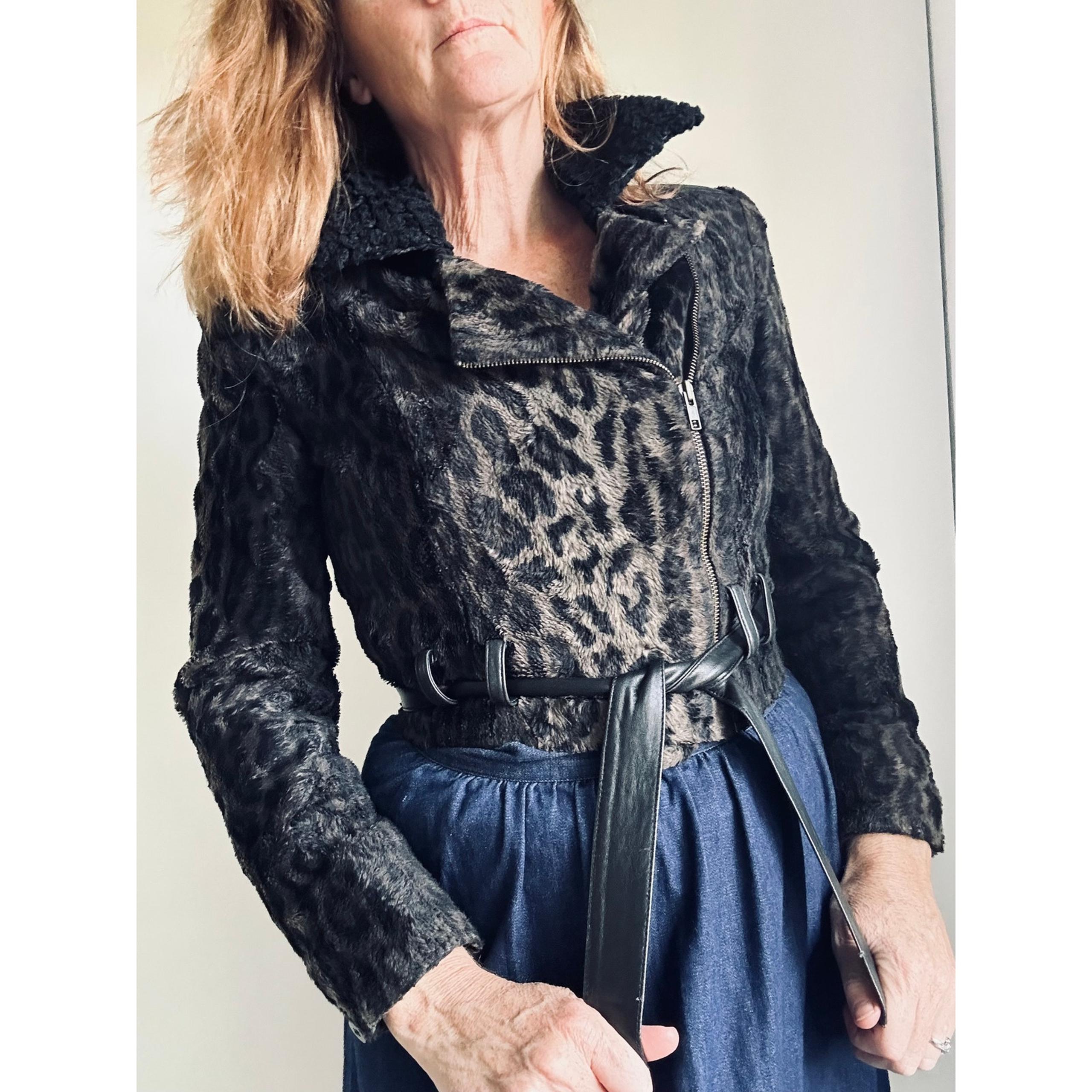 Vintage 90s Leather Animal Print Cropped Jacket Size Small Leopard Statement