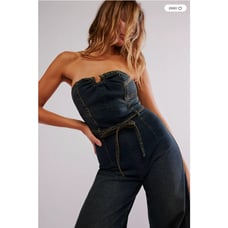 Free People CRVY We The Free FEMME FATAL Denim Strapless Jumpsuit 10 NWOT 148