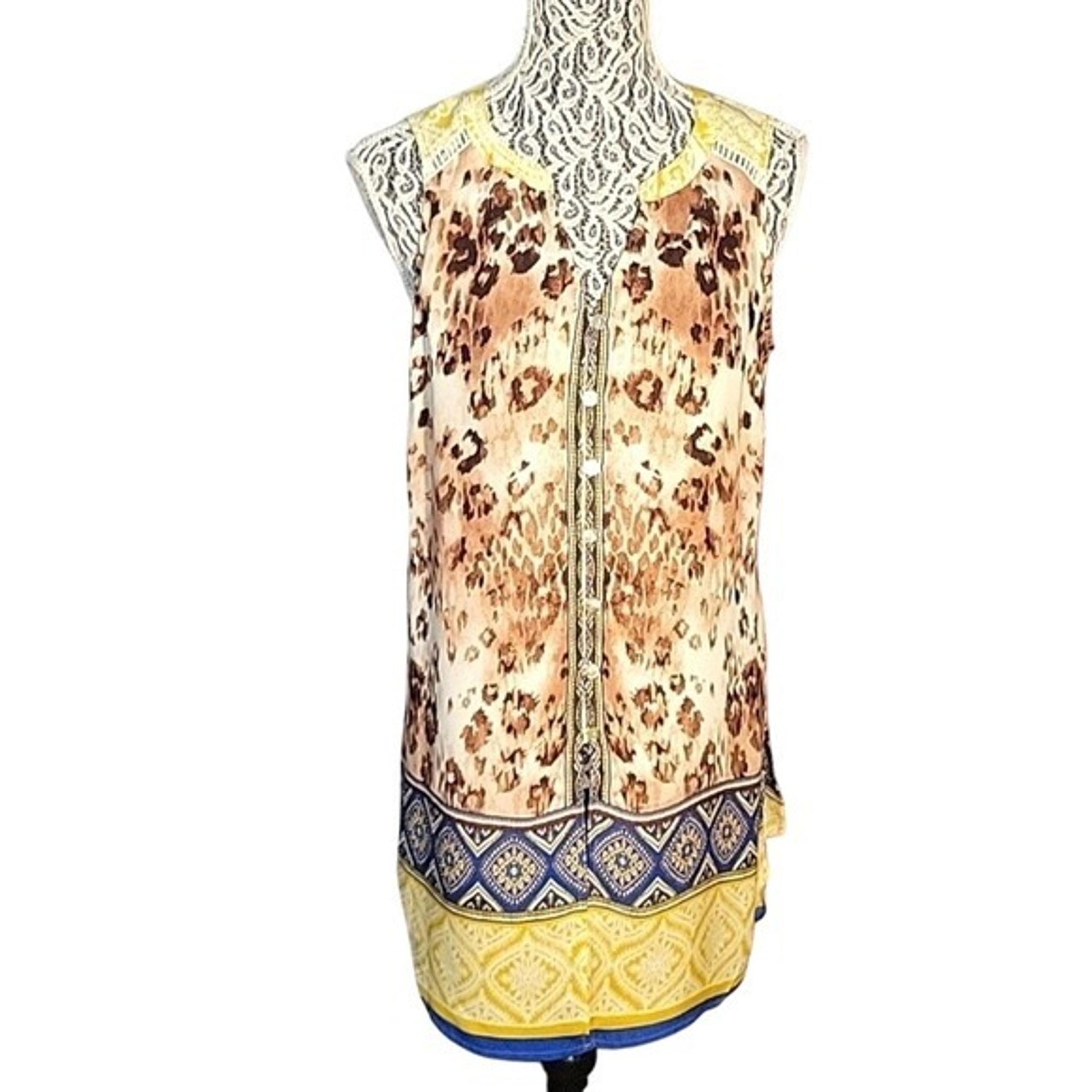 ANTHROPOLOGIE Sleeveless Blouse Animal Print Button Down Tunic Top Bohemian Styl