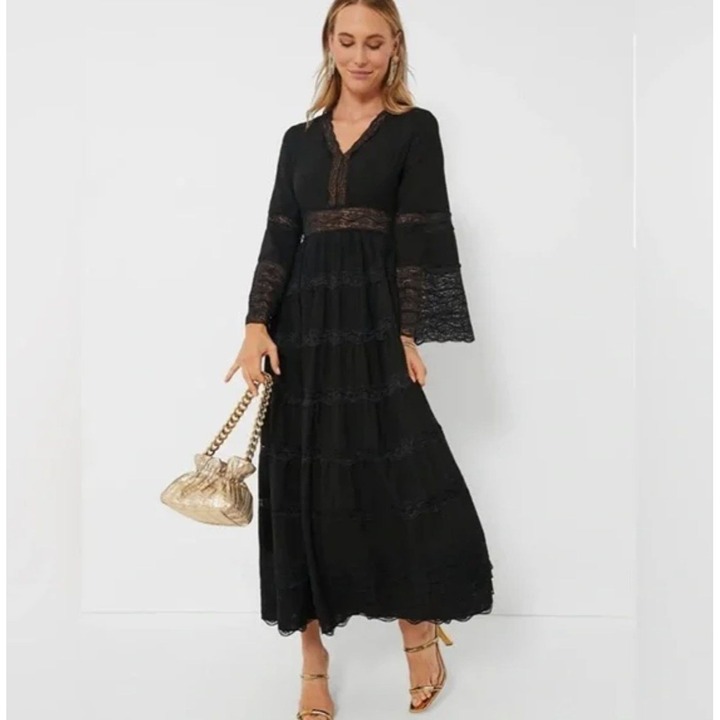 Hyacinth House Tuckernuck Lydia Black Lace Tiered Elegant Maxi Dress Small NWT