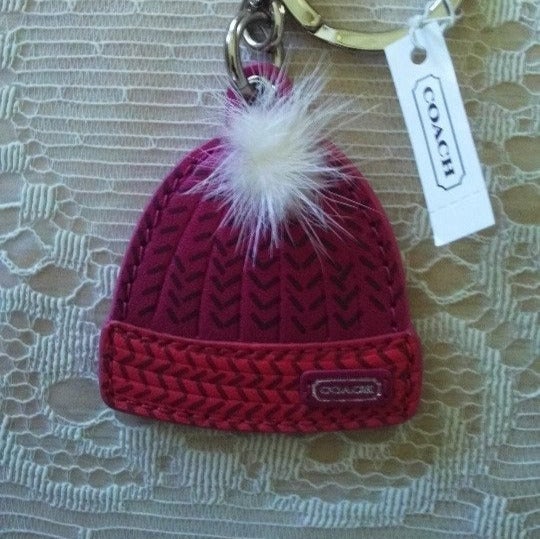 NWT COACH RED WINTER HAT KEY CHAIN