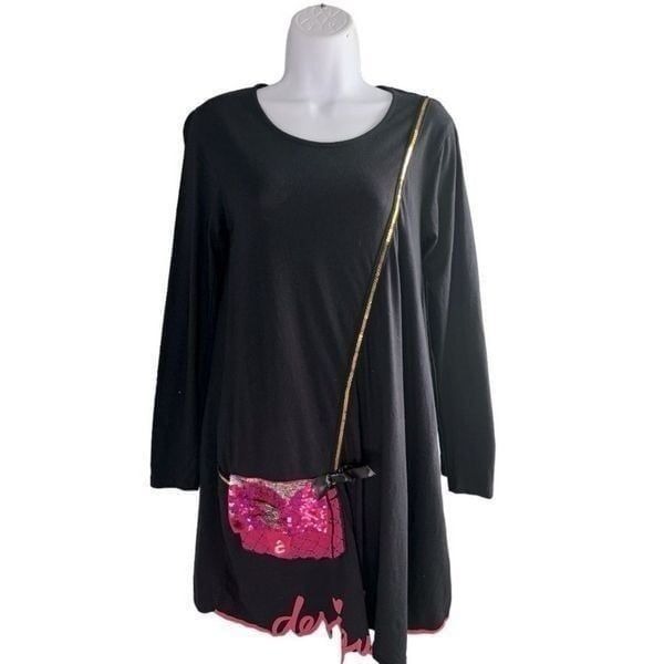 DESIGUAL Girls Black Pink Embellished Long Sleeve 100% Cotton Dress Size 13/14