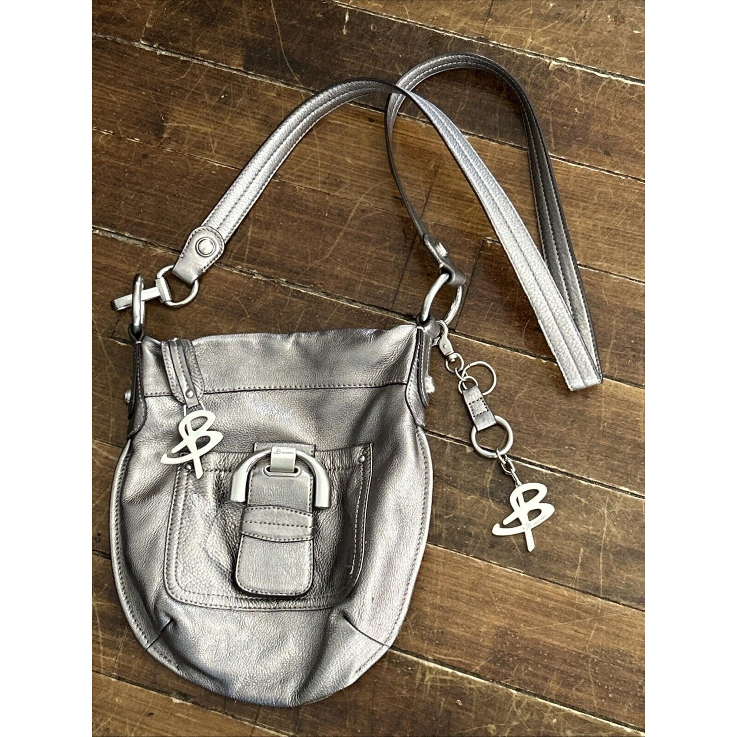 B Makowsky Cross Body Shoulder Bag Slim Hobo Purse Silver Pebbled Leather
