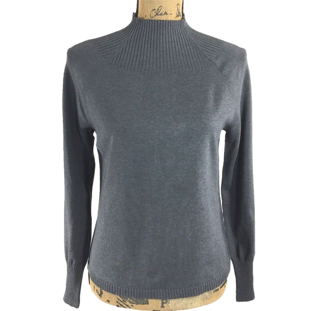 Anne Klein Sweater LARGE Charcoal Gray Rib Top Silk Bl Mock Long Sl Career NICE