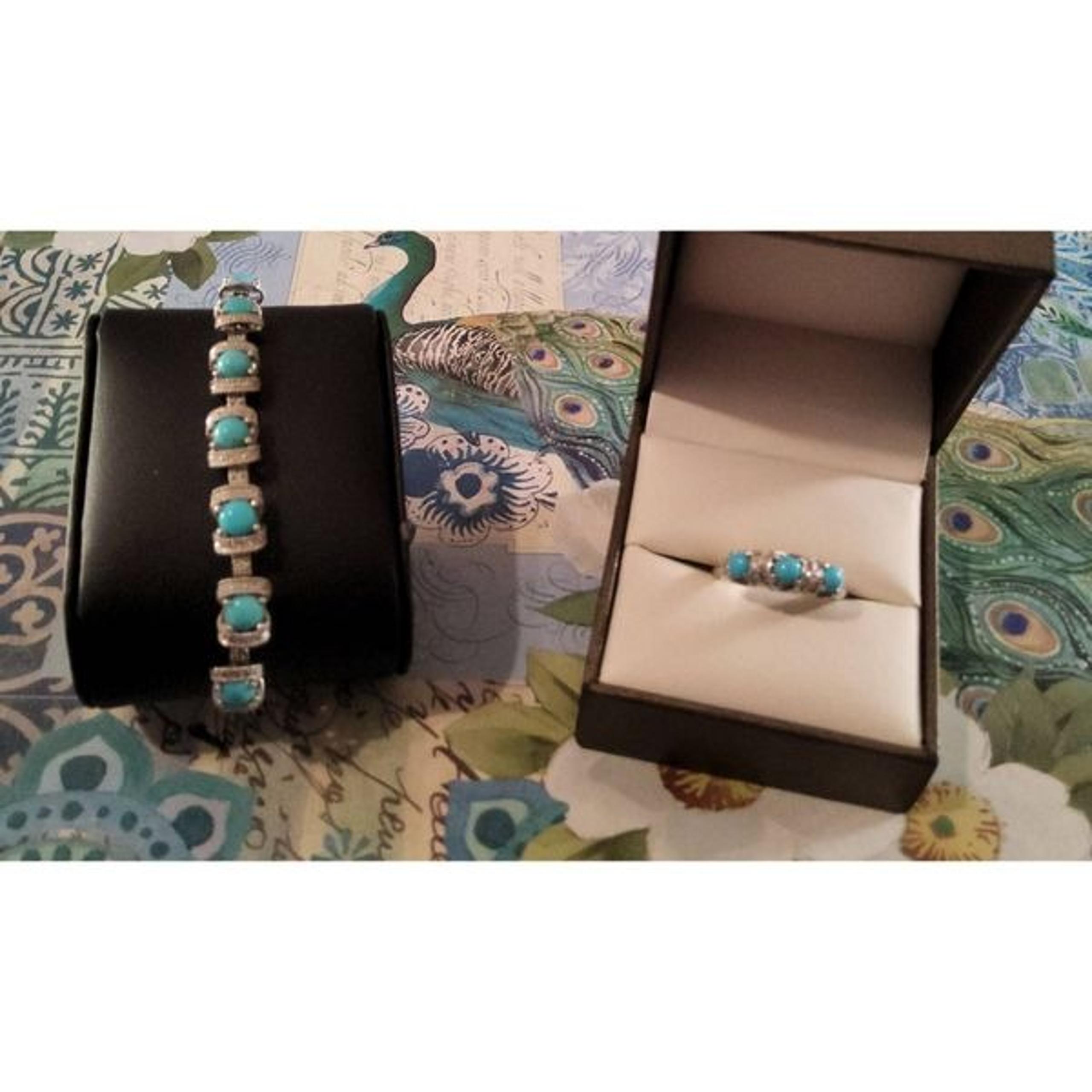 NWOT~Sleeping Blue Turquoise & White Sapphire Three Stone Ring & Bolo Bracelet