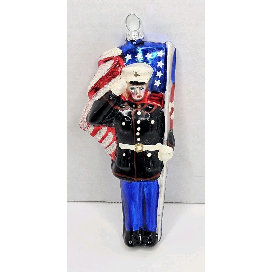 Blown Glass Patriotic Military American Soldier Marine Flag Ornament