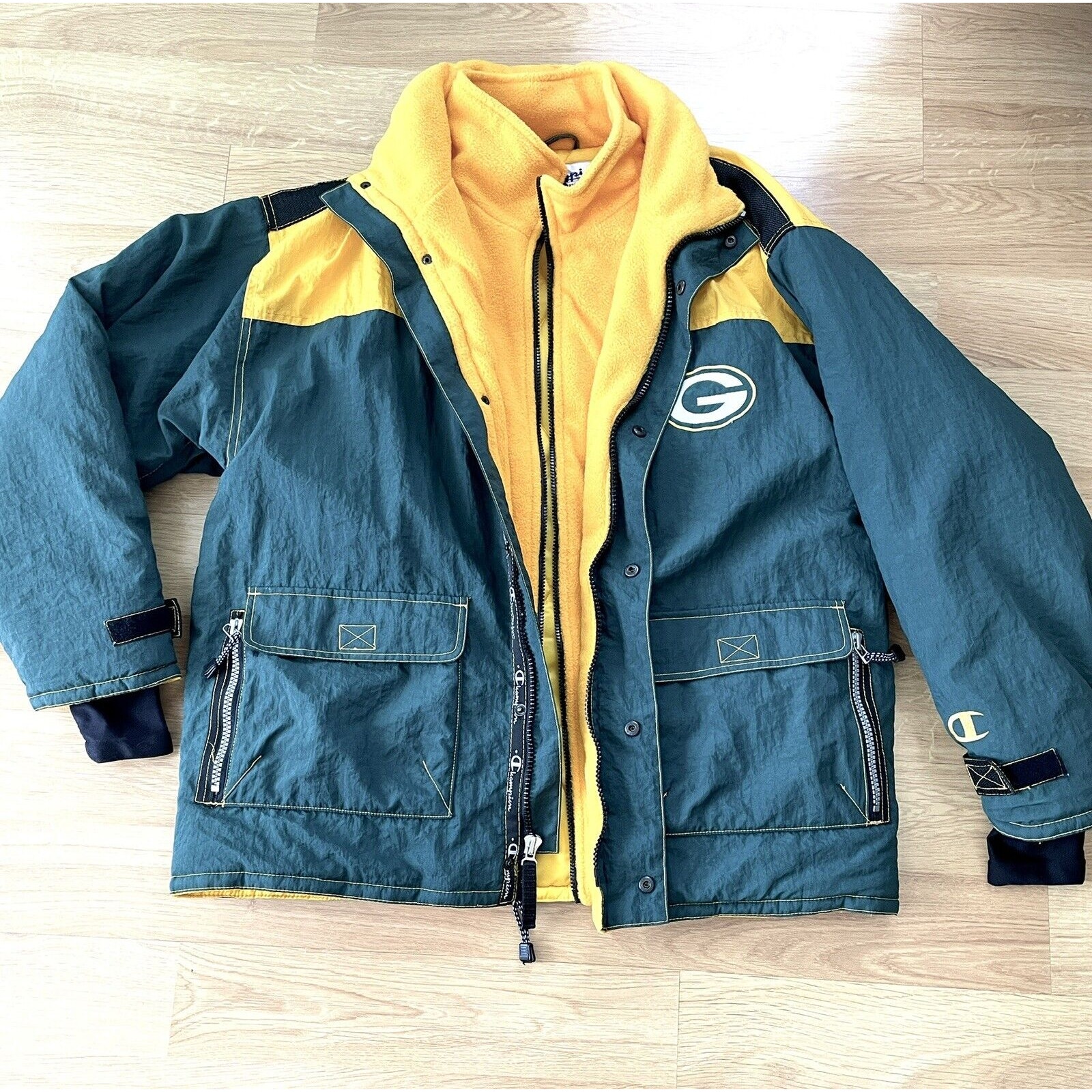 Championship Green Bay Packers NFL Double Layered Winter Coat Vintage Mens XL