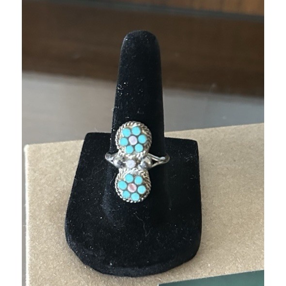 Zuni Silver Turquoise Coral Double Flower Ring Size 6.5 Native American Vintage