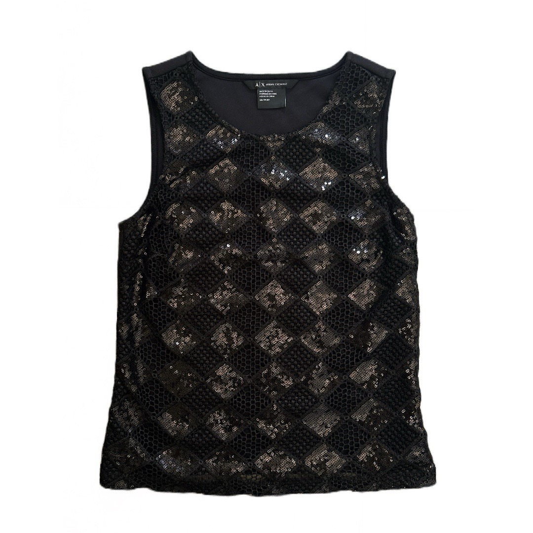 Armani Exchange Sequin Tank Top Black XS Sleeveless Side Zip Party Evening Shirt