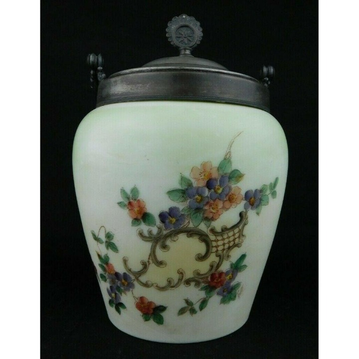 Hand-painted Enameled Victorian Glass Biscuit Jar with Silver Lid and Handle