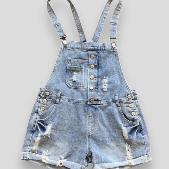 Fubu Overalls XL Blue Shorts 90's Distressed Light Washed Jeans Shortalls Bibs