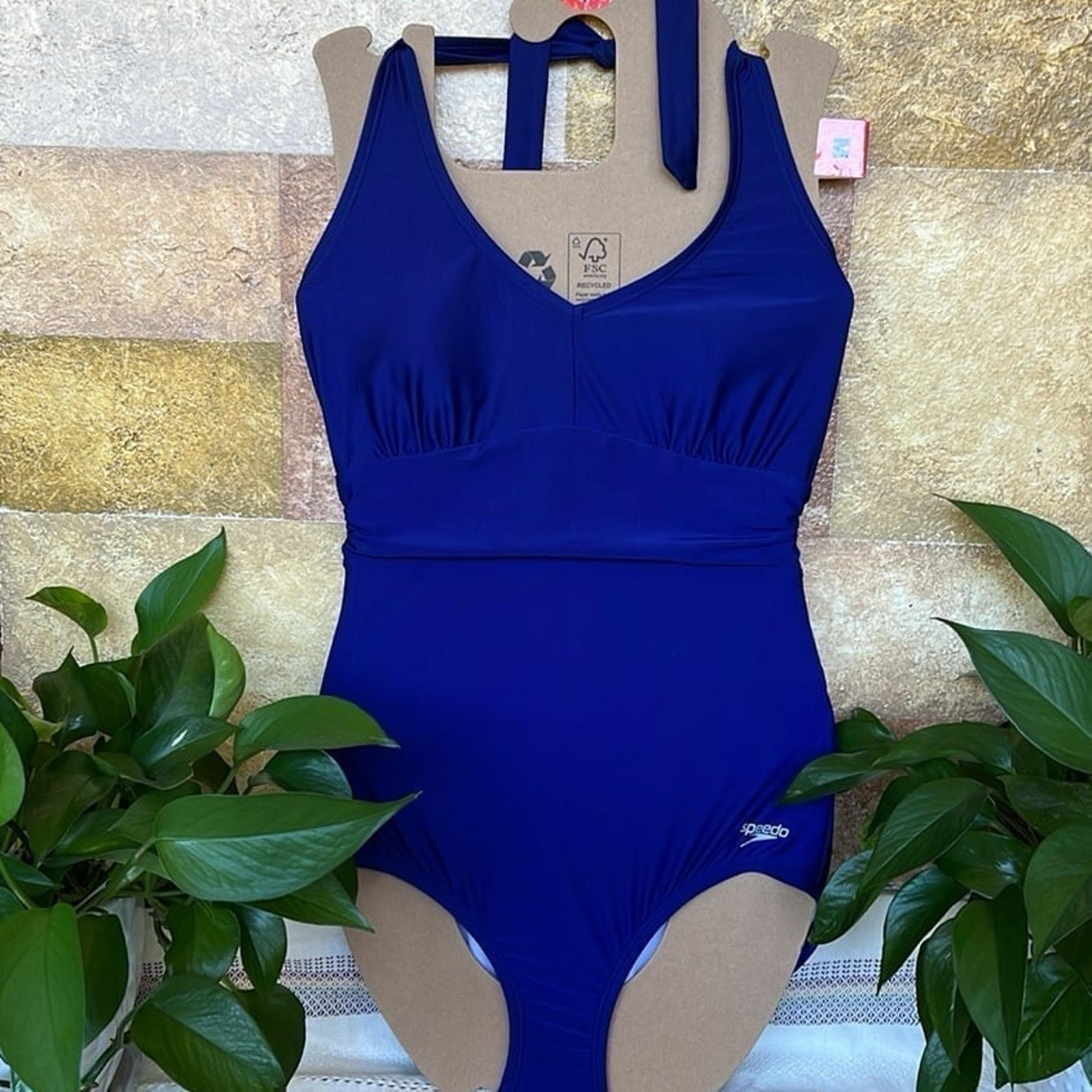 NEW Speedo Women’s UPF 50+ One Piece Halter Tie Neck Peacoat Blue Swimsuit