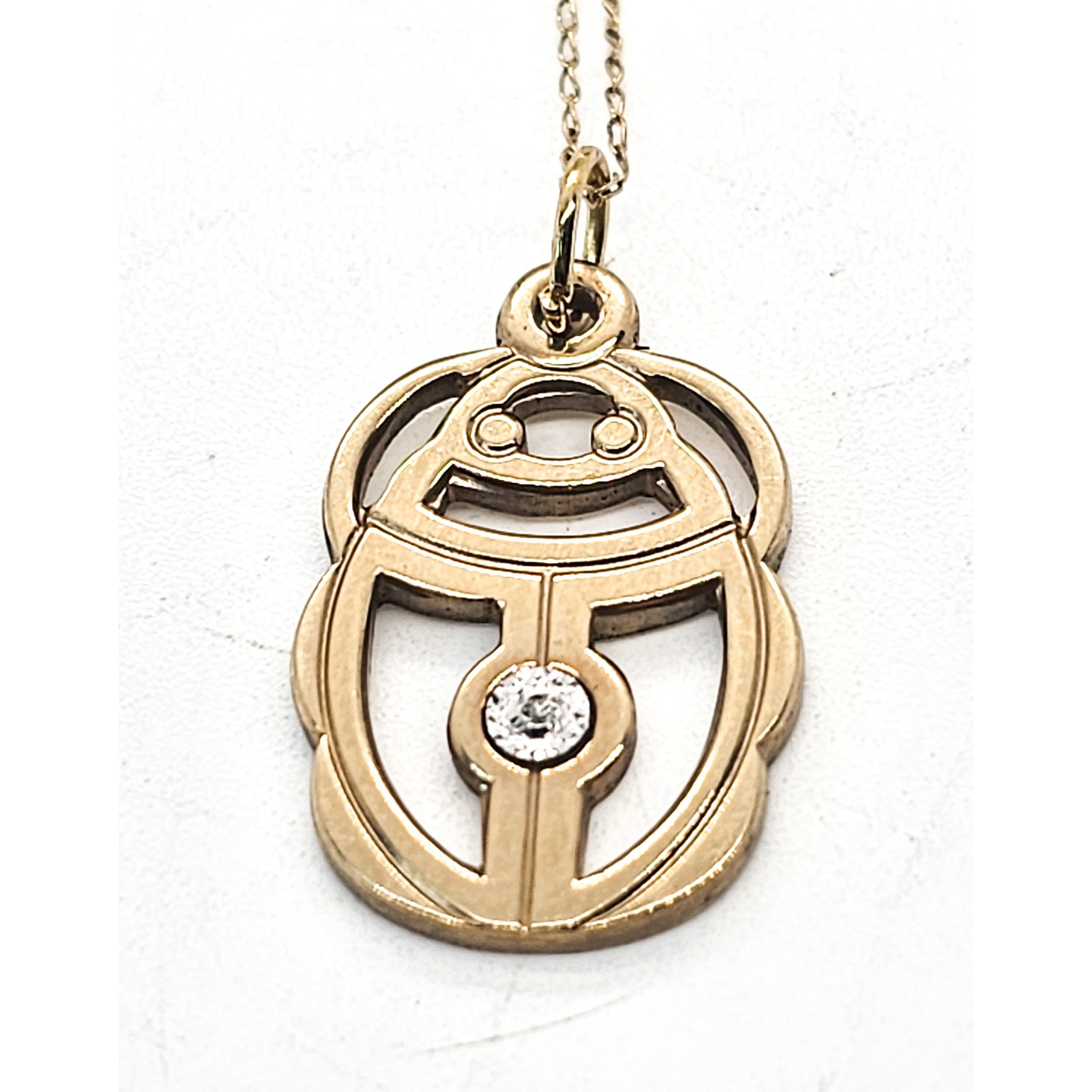 Egyptian revival open work Scarab gold filled CZ vintage necklace