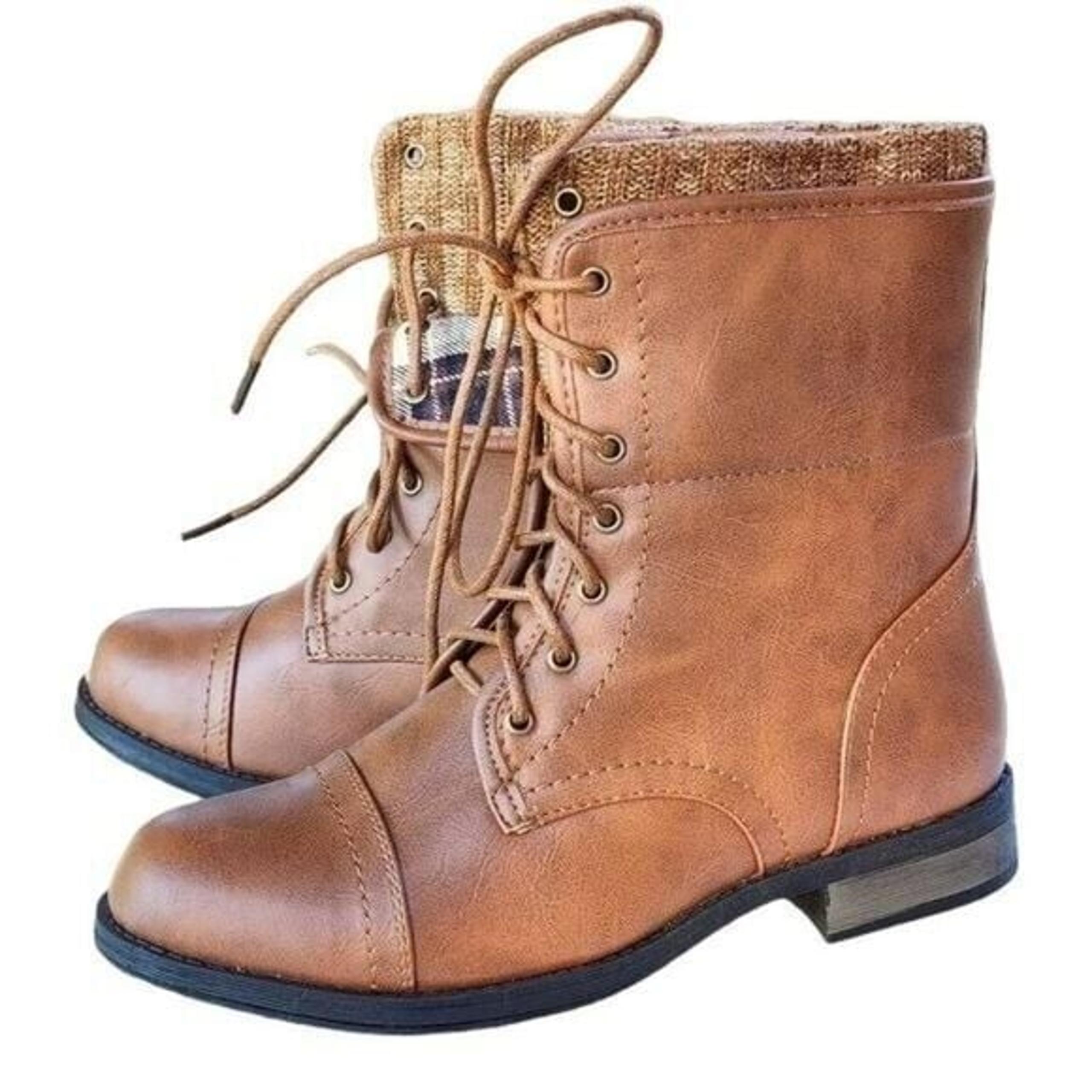 Forever Womens Casual  Warm Lace Up Booties Faux Leather Cognac Size 6.5