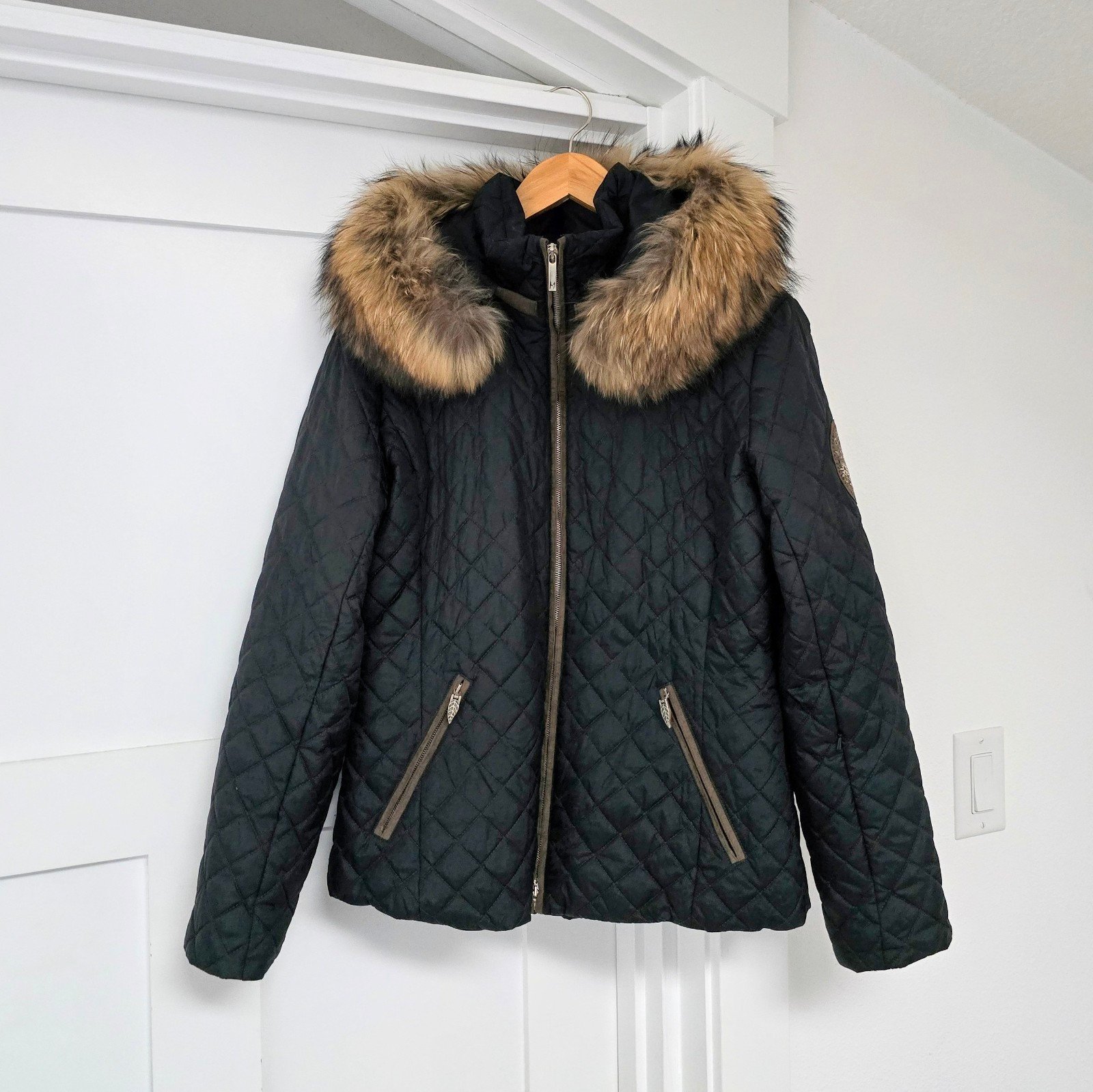 M. Miller Kristene Quilted Ulatrasuede Winter Jacket in Black Raccoon Fur Trim