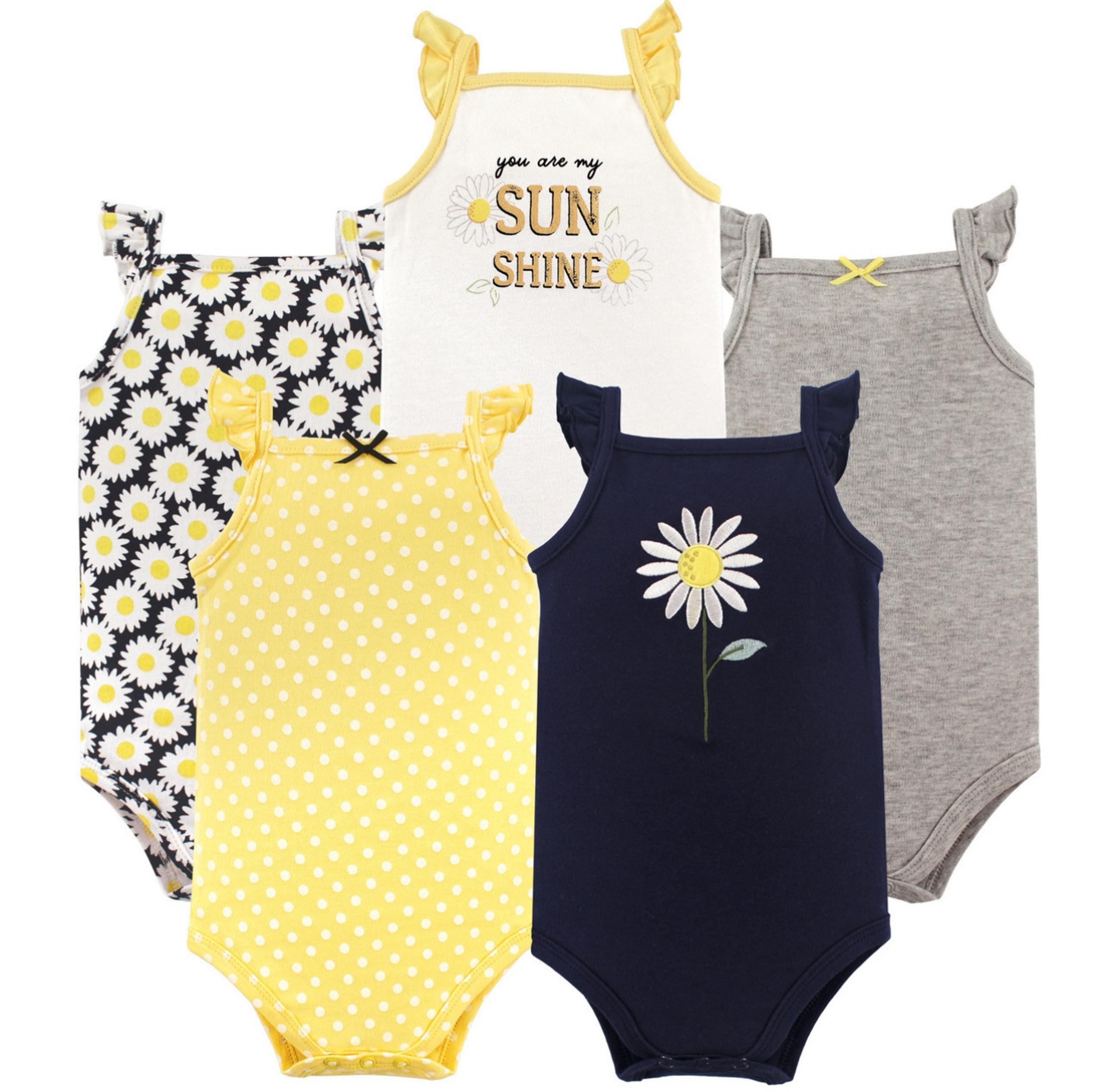 Hudson Baby Girls 5 Pack Daisy Spaghetti Strap Tank Top Style Onesies 0-3 Months