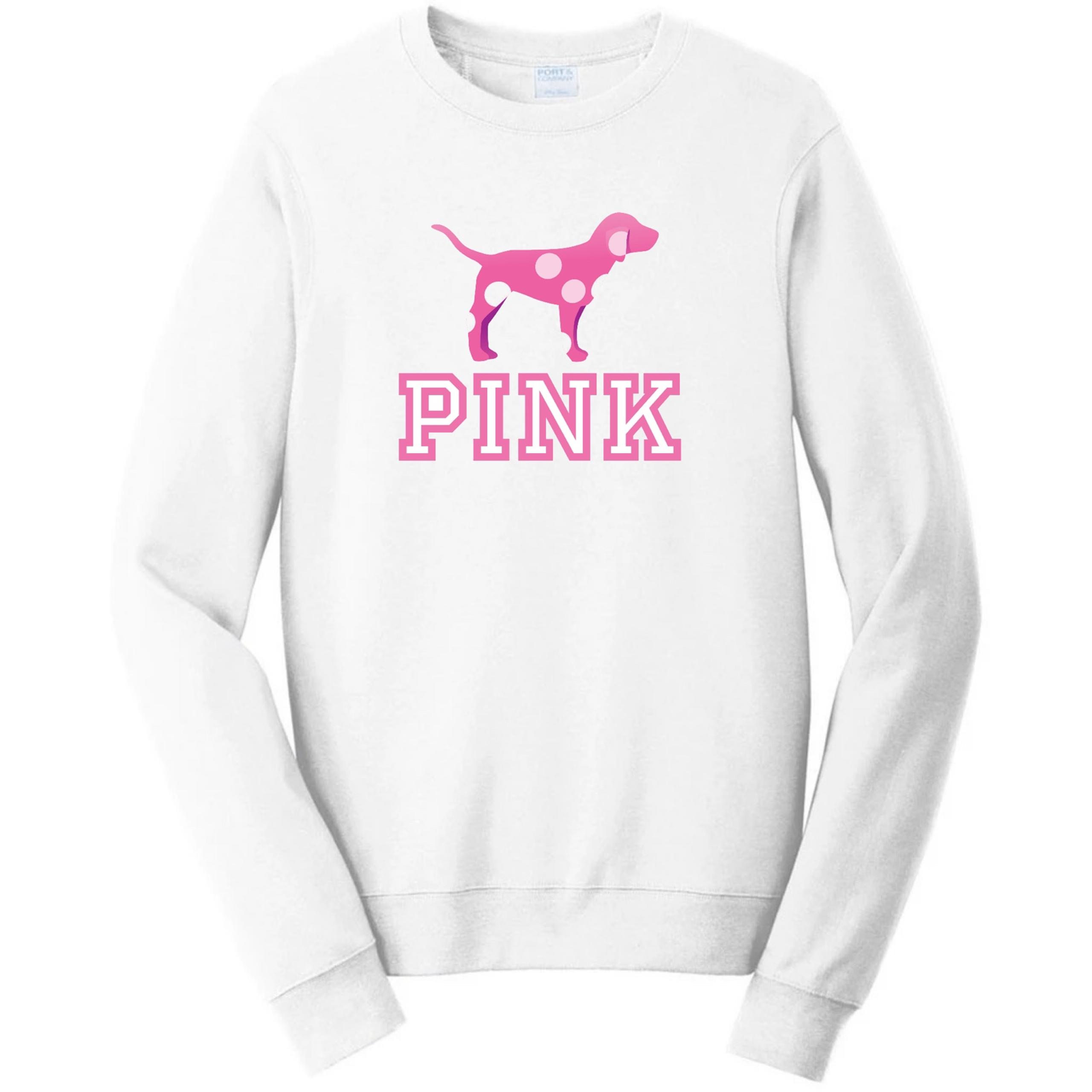 VS PINK Polka Dot Dog Logo on White Crewneck