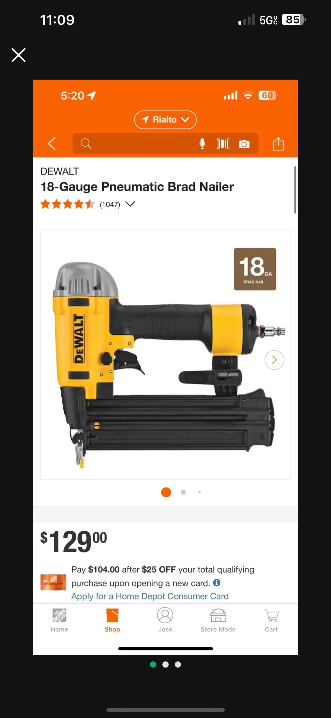 DEWALT 18-Gauge Pneumatic Brad Nailer