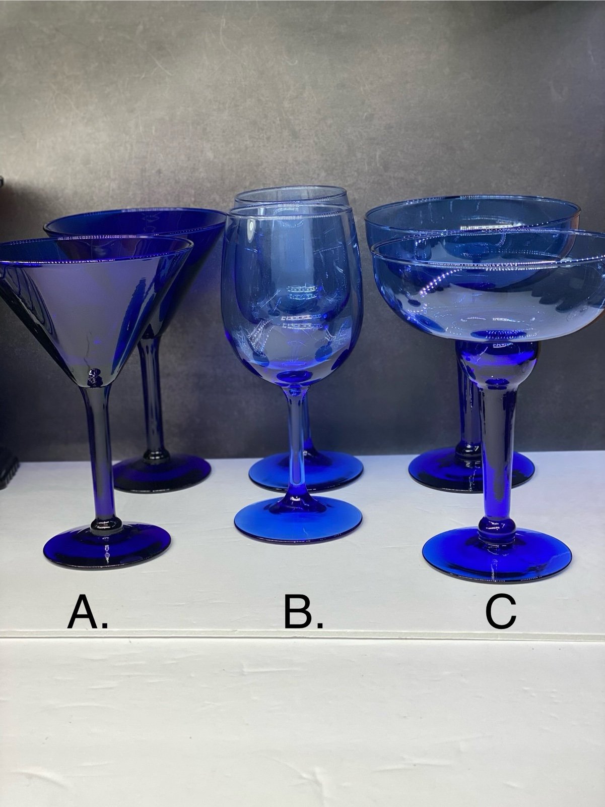 (3) Sets of Two. (Priced Individually). Vintage Cobalt Martini-Wine-Margarita