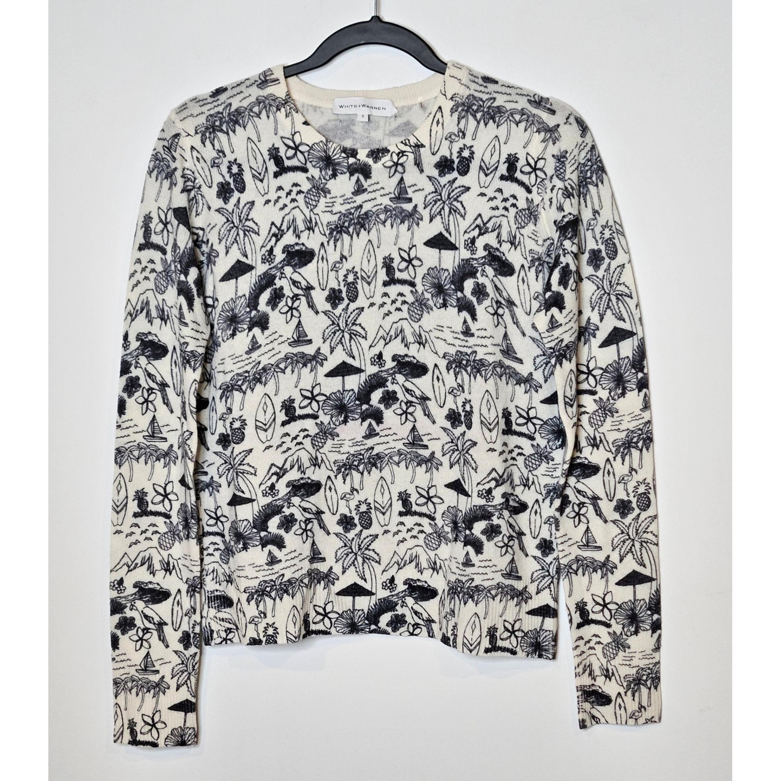 White + Warren Rare 100% Cashmere Sweater Tropical Surf Print Beachcore Womens S