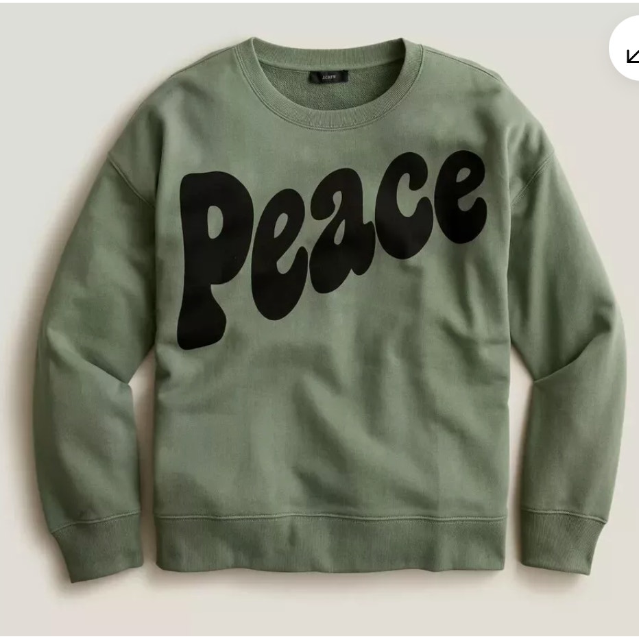 J Crew Sweatshirt Womens Graphic PEACE Pullover GREEN Size Medium NEW