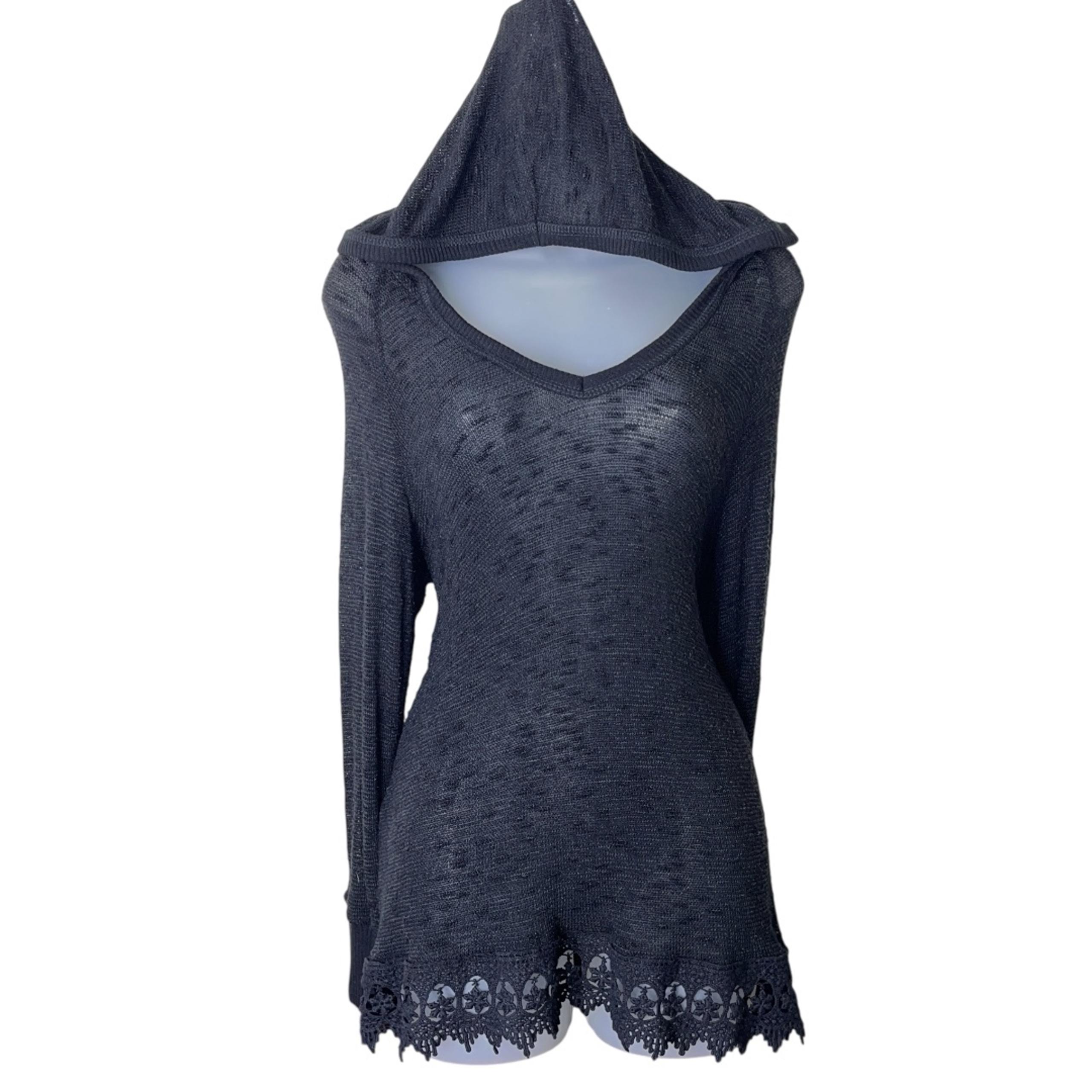 Y2K Bobeau Crochet Embroidered Cut Out Hem Knit Pullover Hoodie Top Black Medium