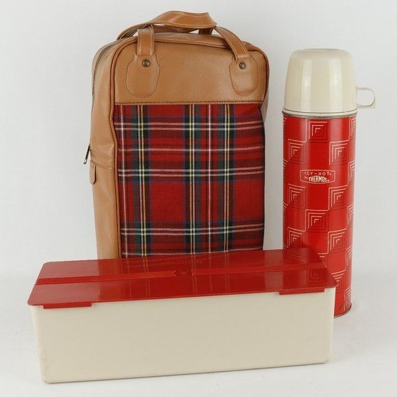 Thermos Vintage Red Plaid Icy-Hot Beverage Container Picnic 3 Piece Set