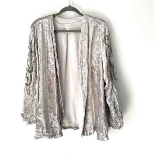 Chico's 3 = XL Lt Grey Crushed Velvet Beaded Open-Front Jacket Holidays NEW 169