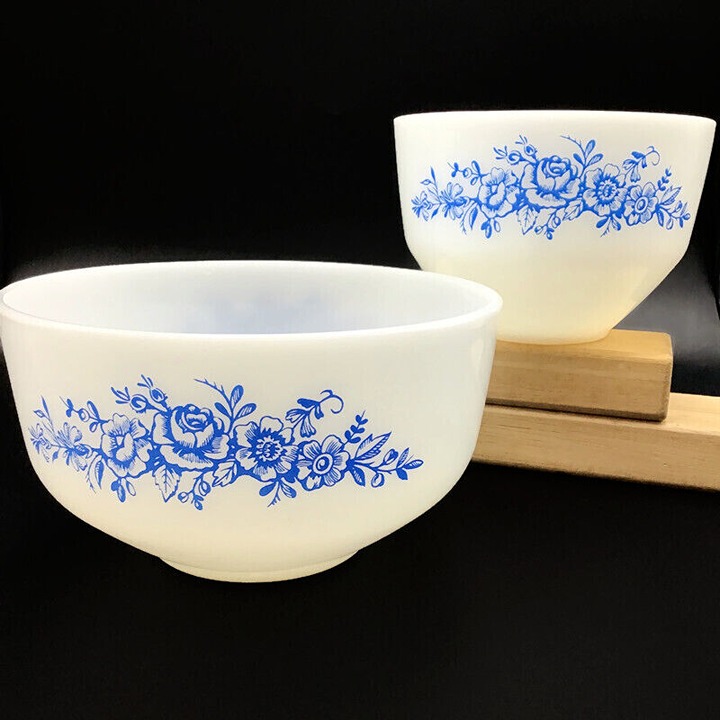 Federal Glass Blue Rose Pattern Bowls White Vintage Milk Glass 2.5 1.5 Qt.
