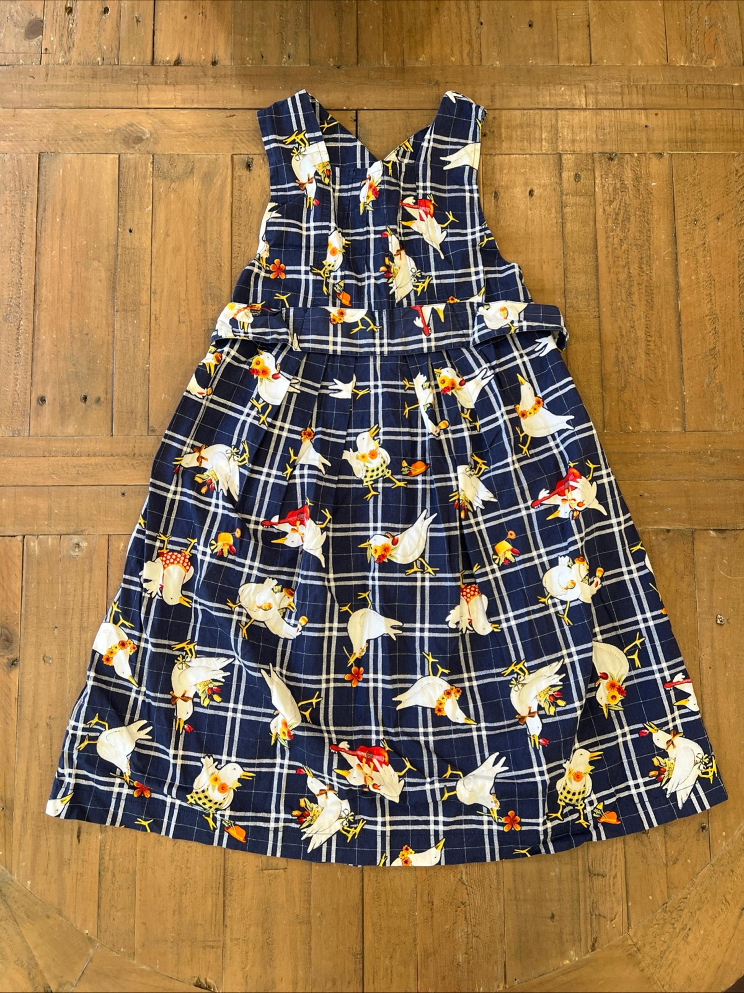 Catimini Vintage Duck Print Dress Kids 8 Plaid Jumper Farmhouse Pleated Cottage