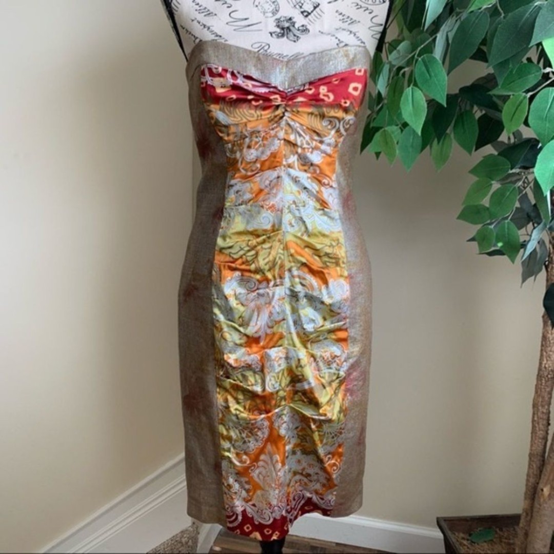 Nicole Miller Collection Silk Metallic Strapless Dress Gold Sz 8