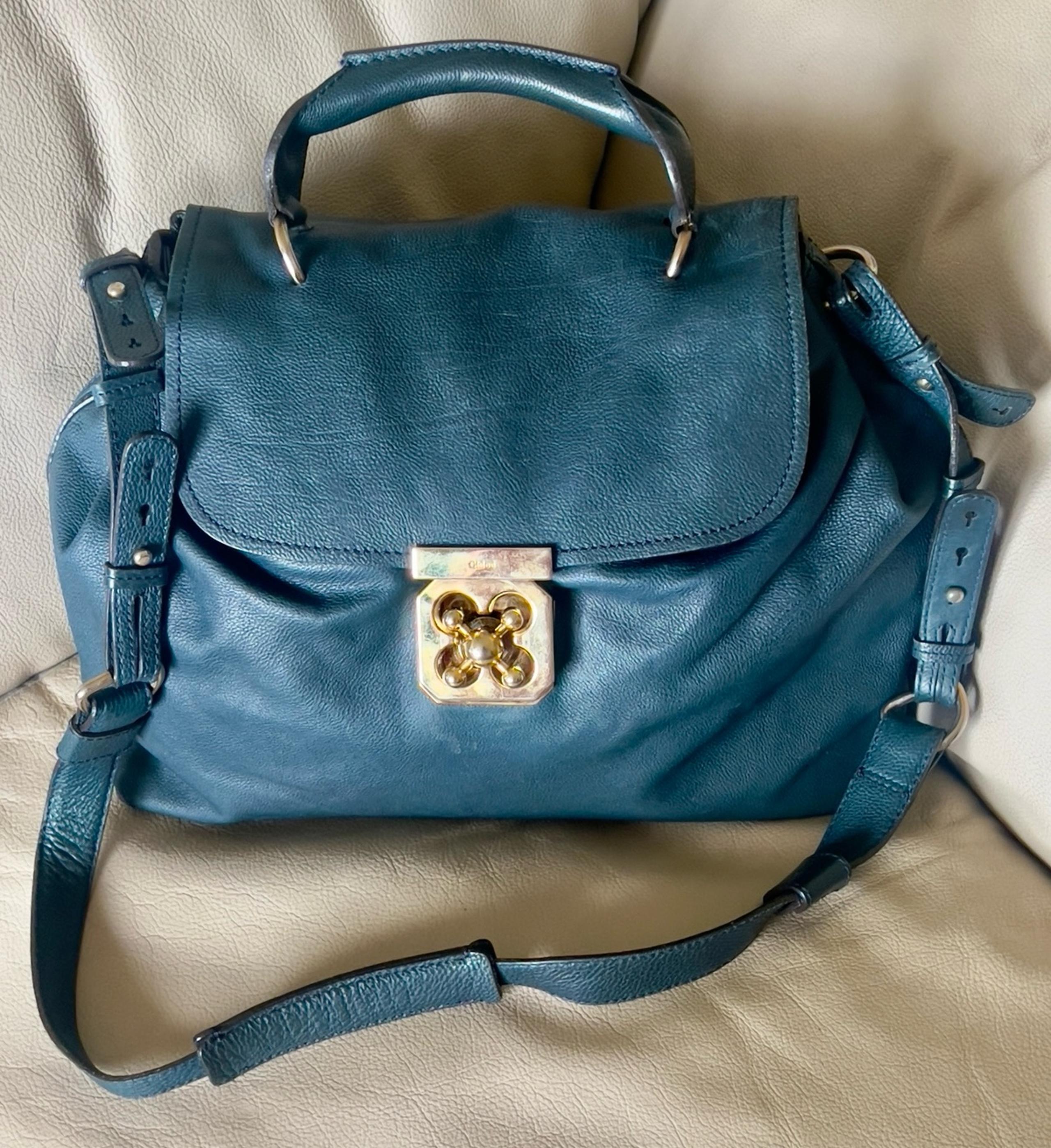 Chloe Elsie Leather Blue  Turn Lock Closure Hand Shoulder Bag