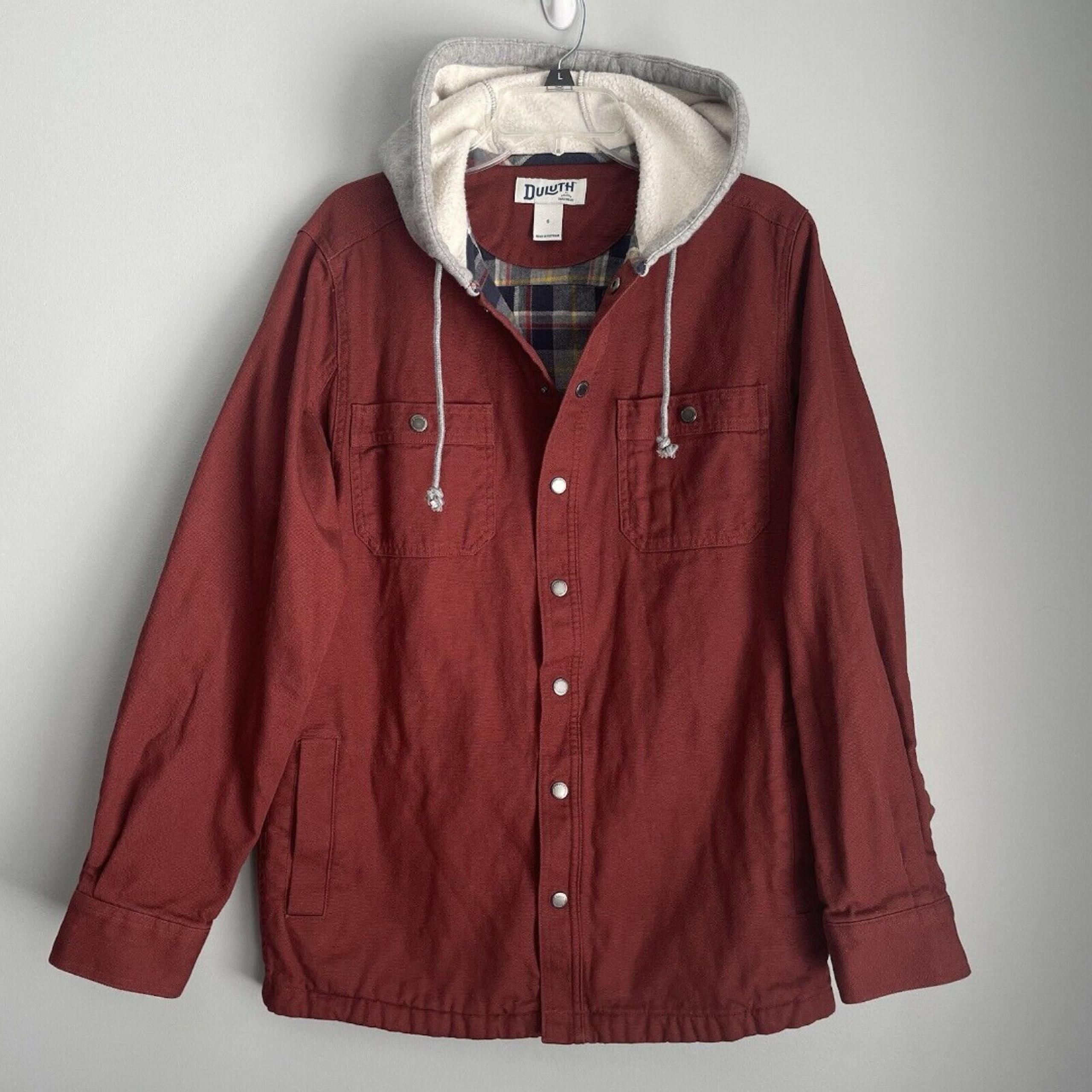 Duluth Canvas Work Jacket Flannel Lined w/Hood Men's Small Snap-Up Red Field
