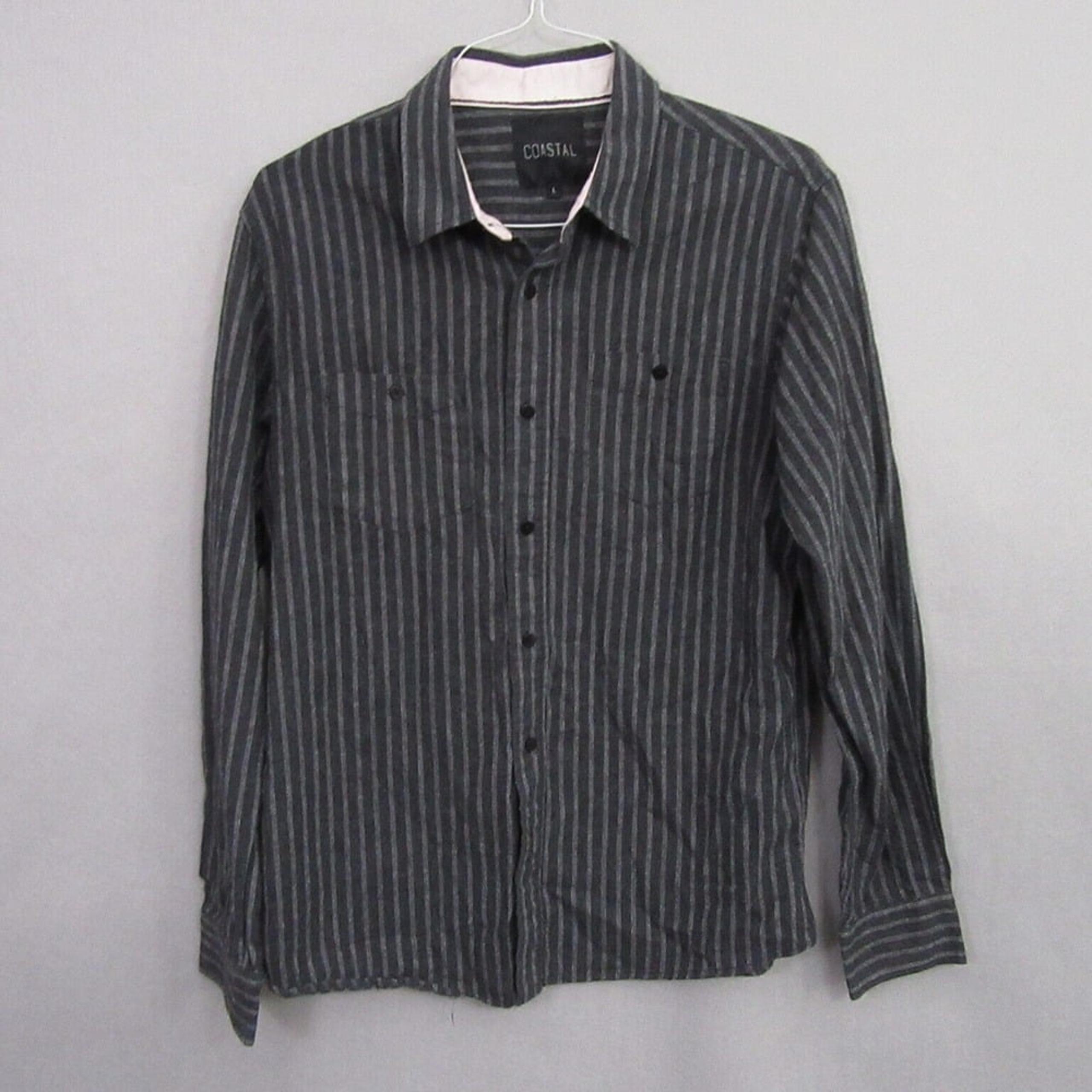 Coastal Mens Button Up Shirt M Slim Gray Striped Long Sleeve 100% Cotton