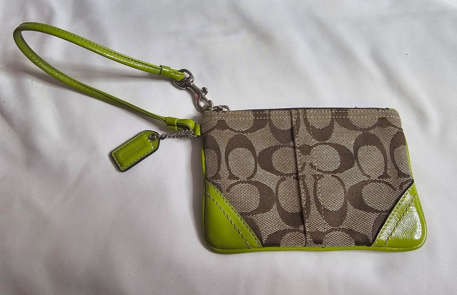 Coach Wristlet Tan Coach logo with Green Leather accents