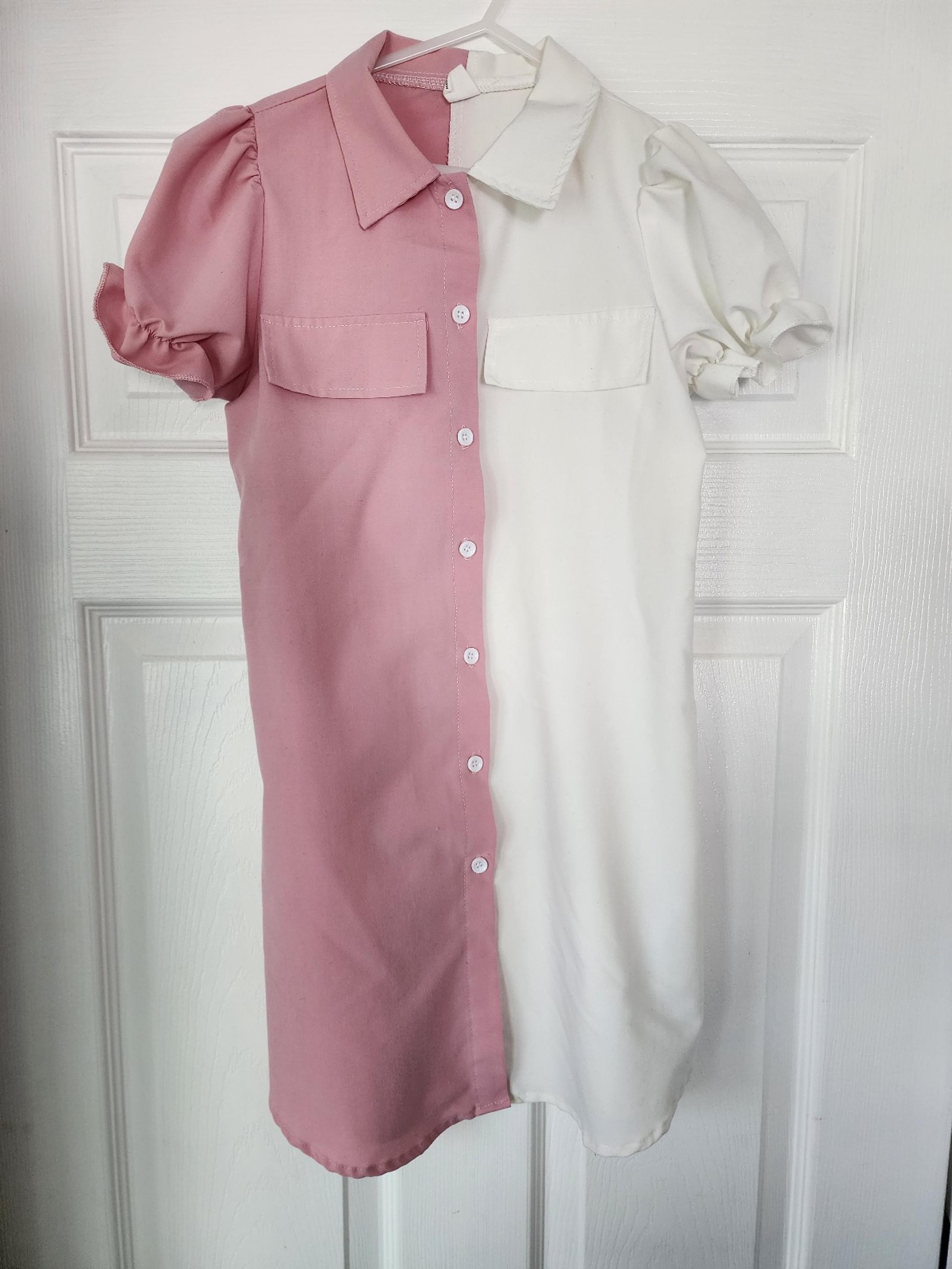 Girls Shirt Dress Half Pink Half White Colorblock Button Up Dress Size 9Y Cute