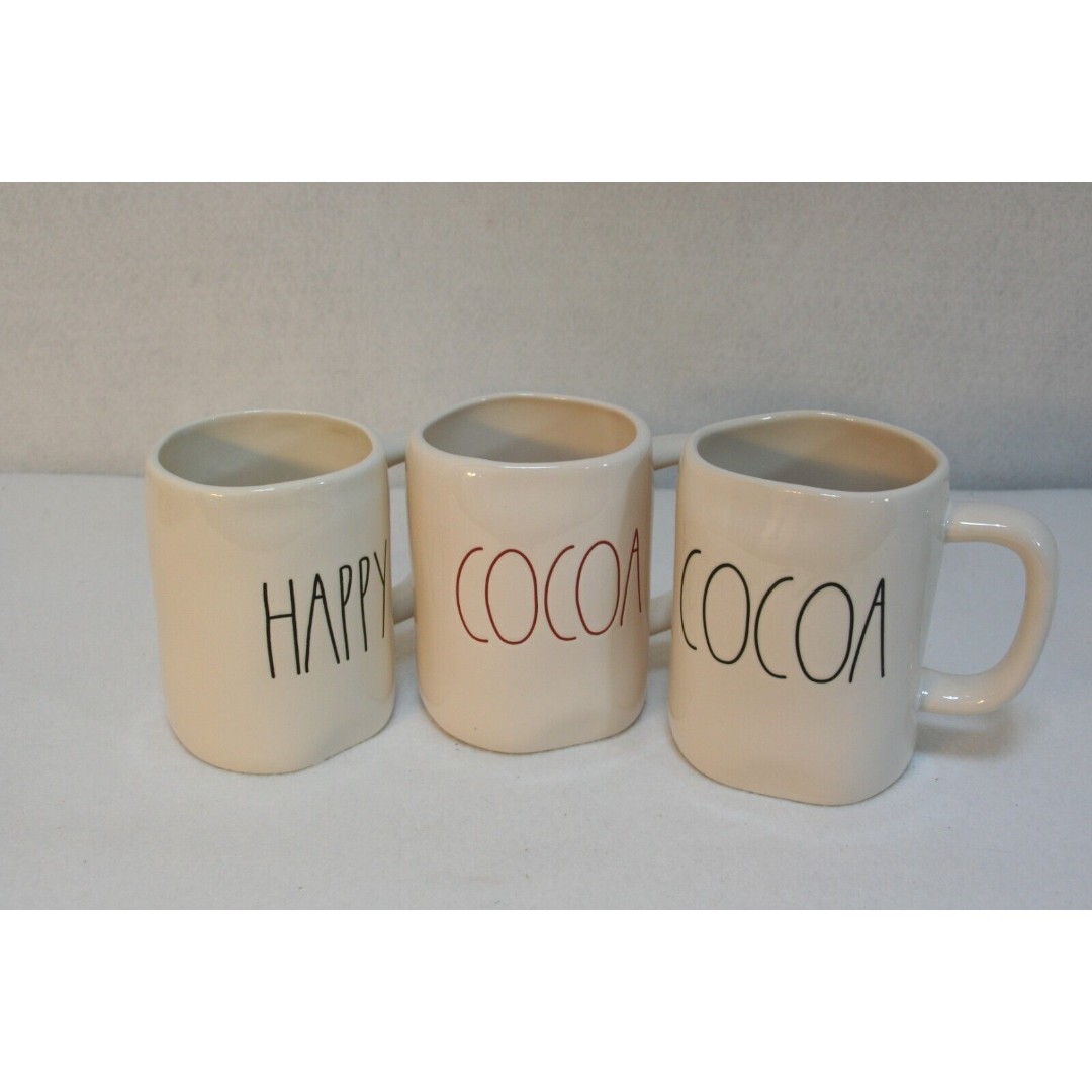 Lot of 3 Rae Dunn Magenta Artisan Collect Happy Cocoa coffee Tea Ivory Mug Cup