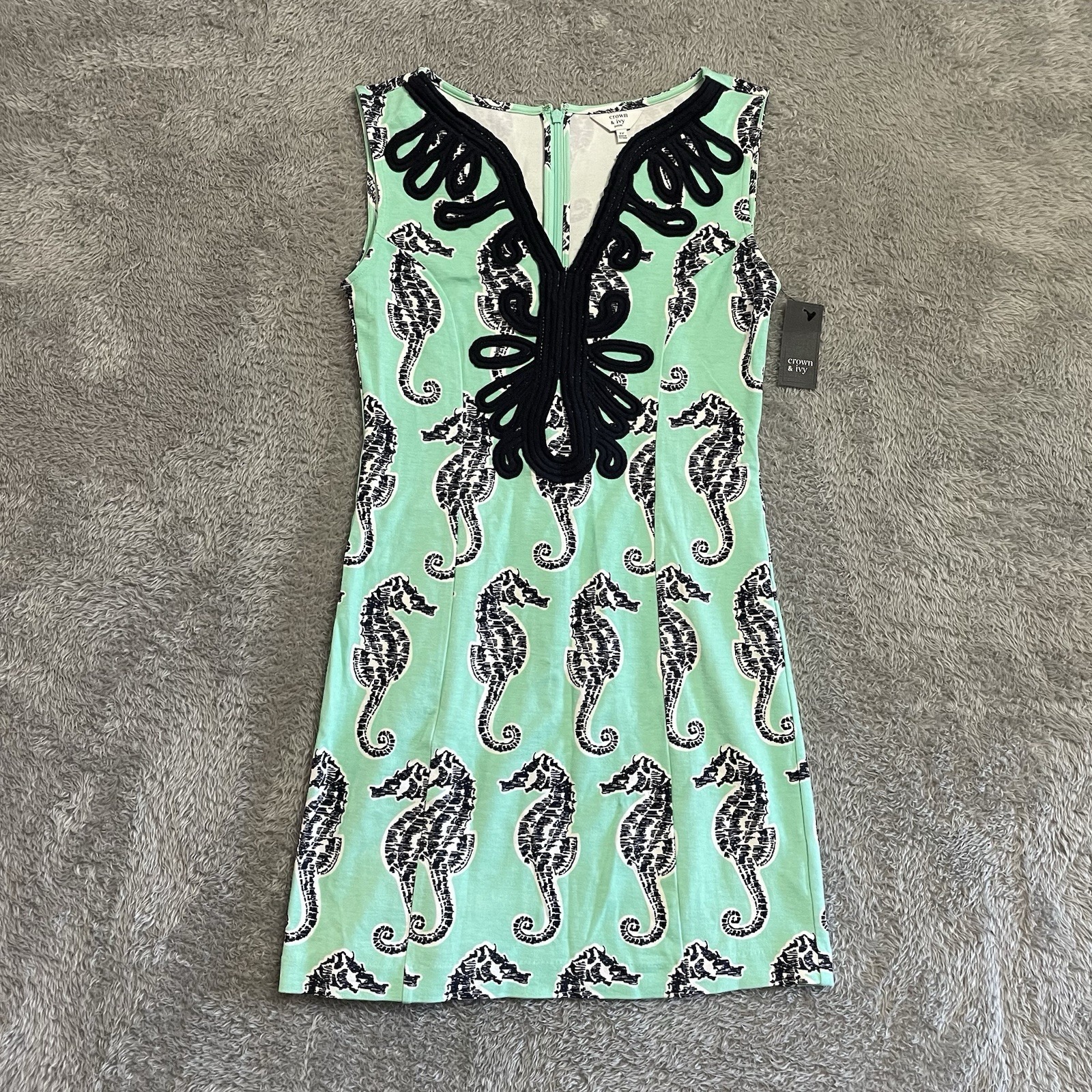 Crown & Ivy Dress Womens Size PP Petite Seahorse Design Blue White Green NEW