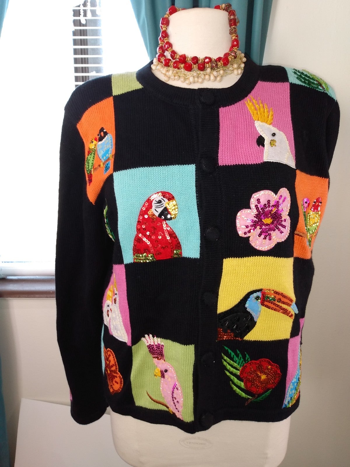 Fiesta tropical rare 13 birds vtg.knit cardigan