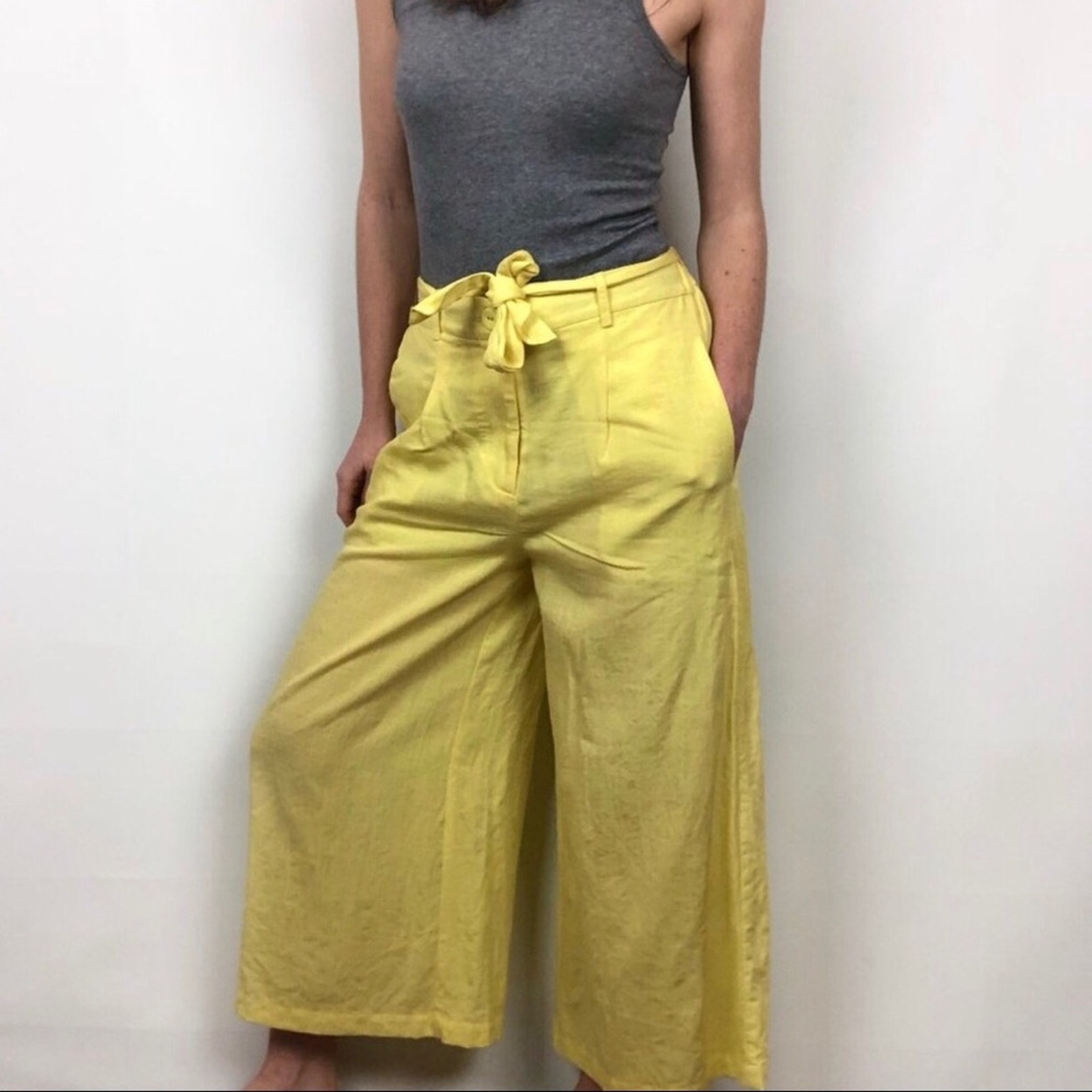 Revolve Lost + Wander Yellow Wide Leg Paper Bag Crop Palazzo Pants Medium NWT