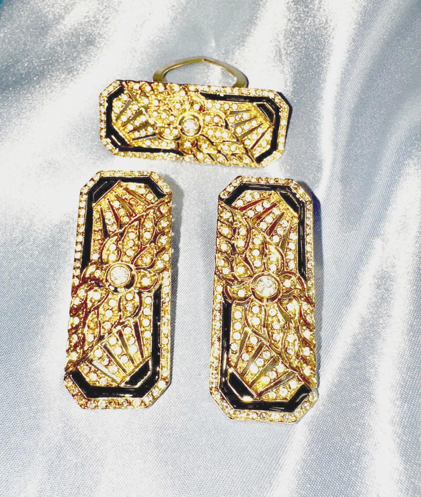 Vintage Art Deco Gold Plate Rhinestone and Black Enameled Clip ons and Dress Pin