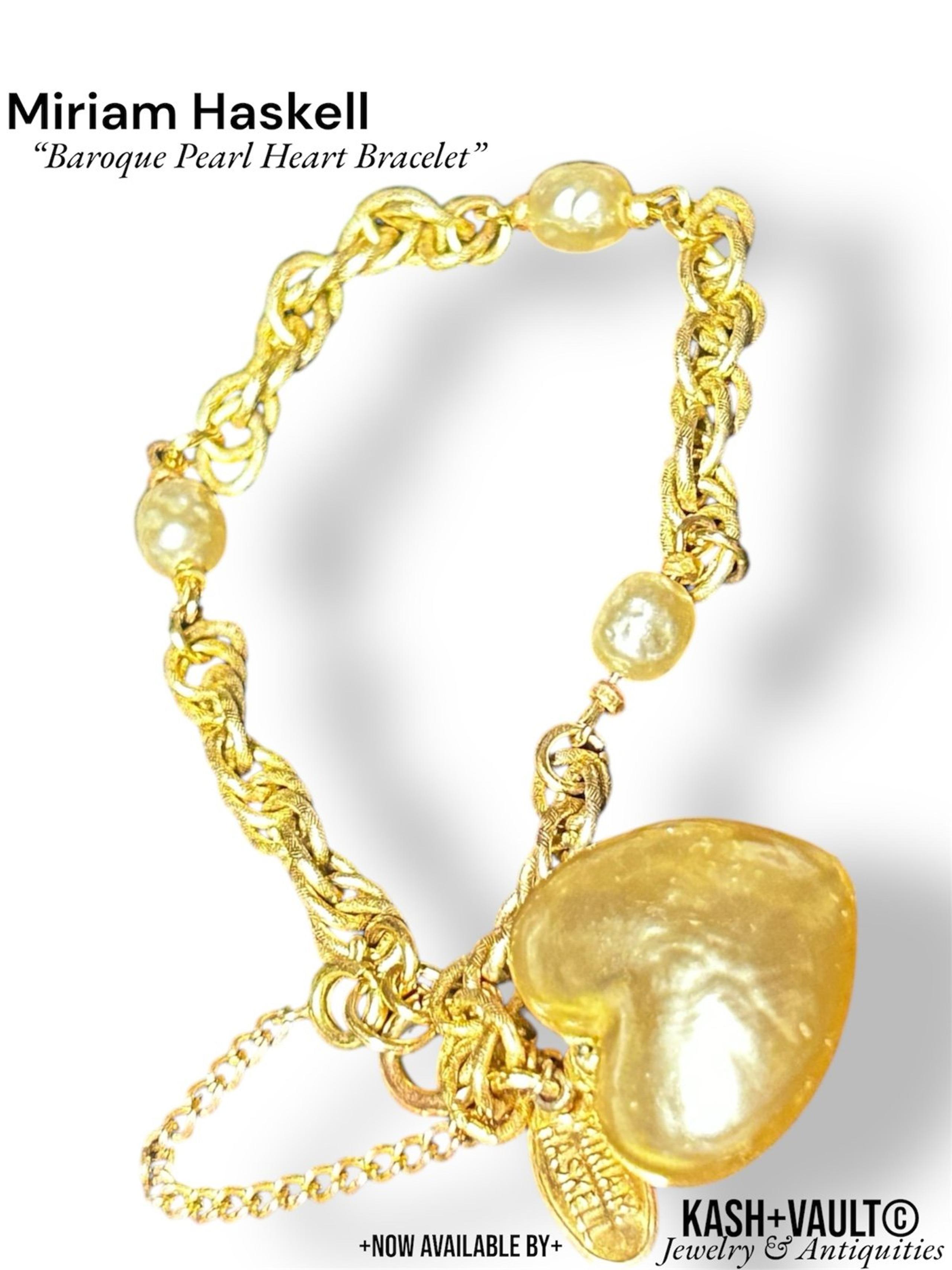 Rare Miriam Haskell Baroque Pearl Heart Bracelet w/Russian Gilt Chain & Pearls