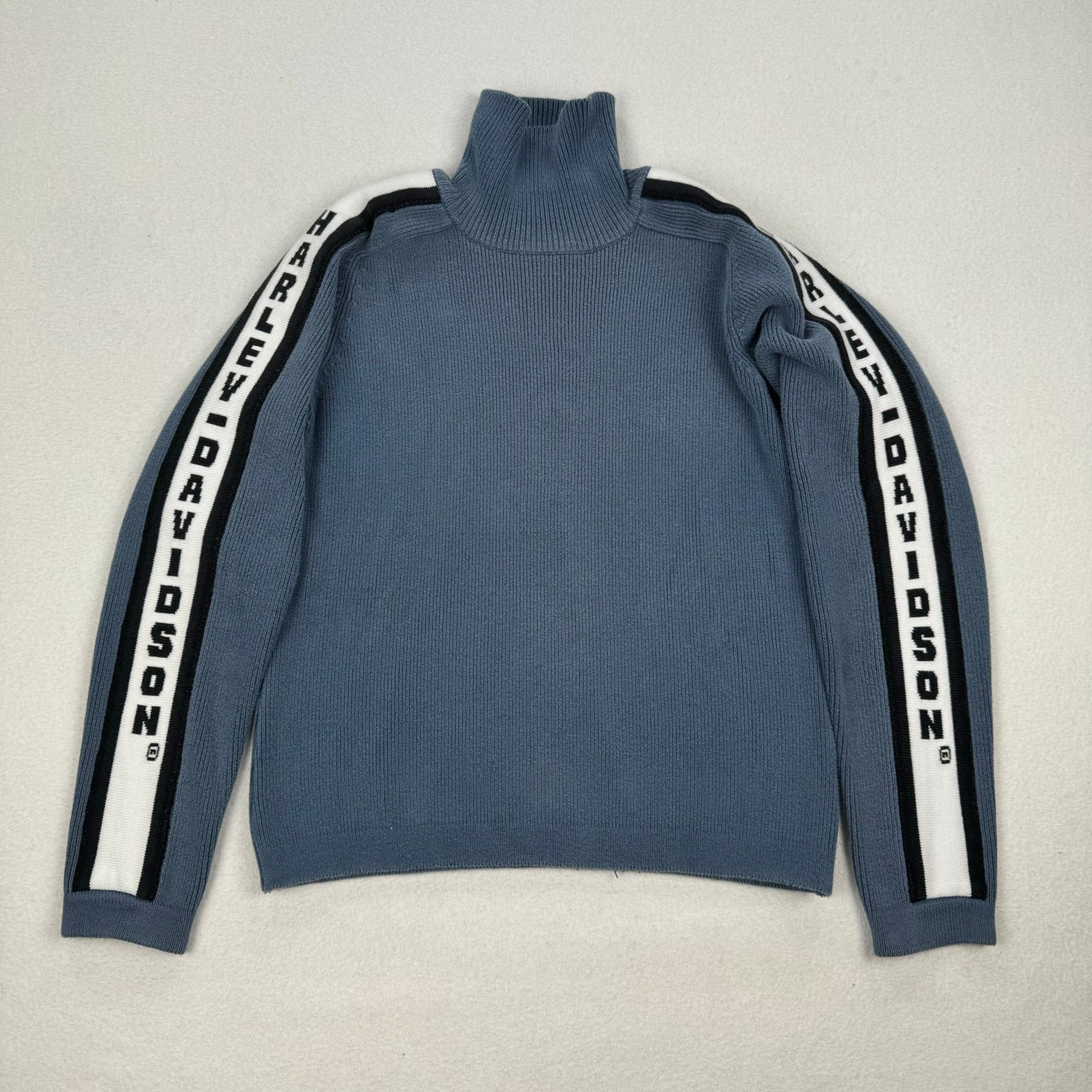 Vintage Harley Davidson Sweater Womens Sz Medium Blue Turtleneck Spellout Sleeve