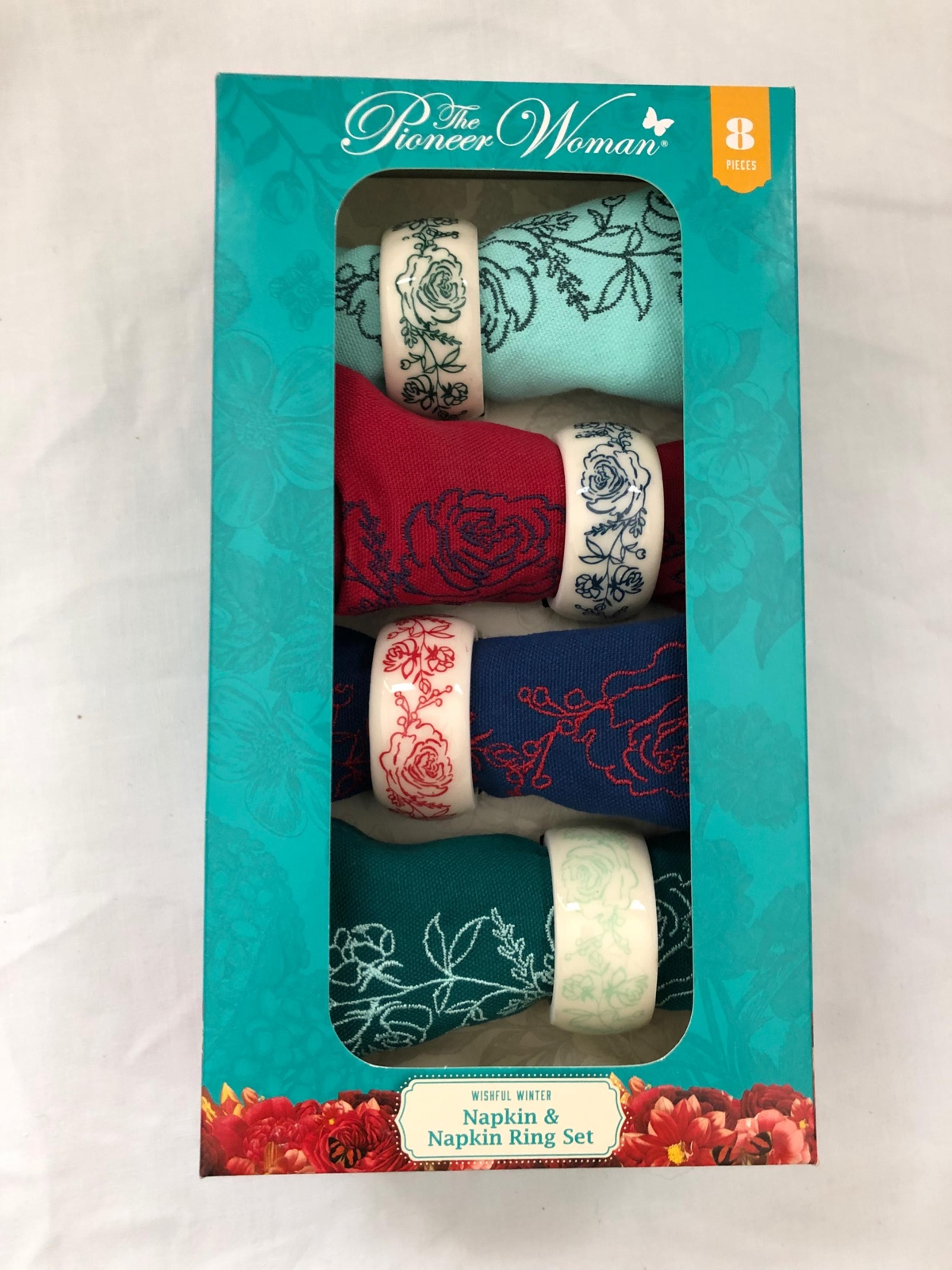 Pioneer Woman Holiday Wishful Winter Napkins With Rings 8pc Set Red Blue Green