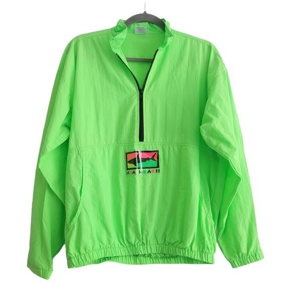 VTG Crazy Shirt Hawaii Neon Green Half Zip Windbreaker Nylon Pullover Men Small