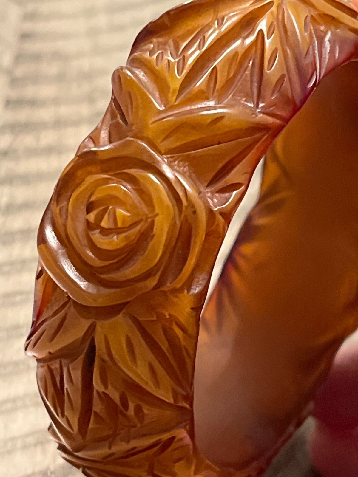 1960s handcarved amber bakelite floral leaf bangle bracelet 050625gD@