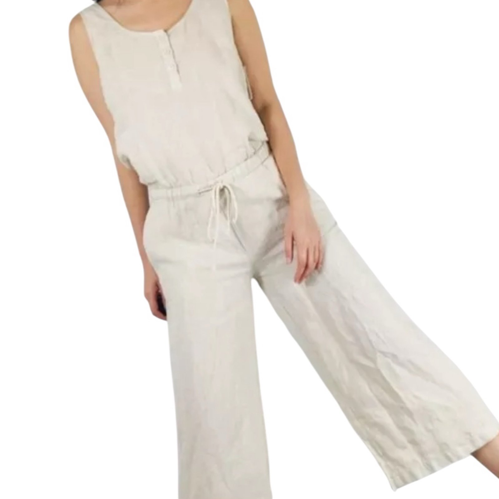 NEW Cloth &‎ Stone Ivory 100% Linen Sleeveless Cropped Jumpsuit Size Small