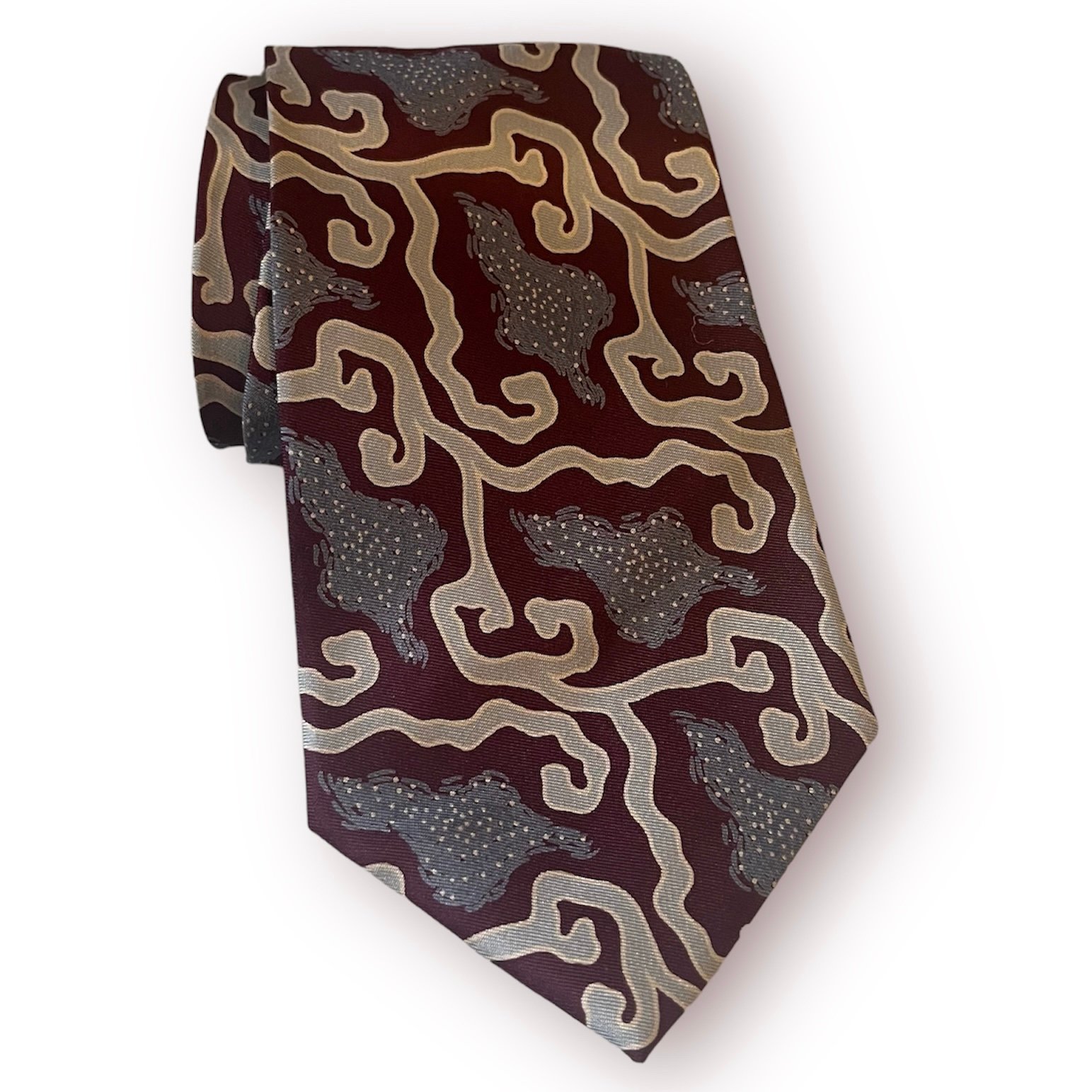 Giorgio Armani Swirl Pattern Grey Burgundy Mens 100% Silk Neck Tie Made In Italy