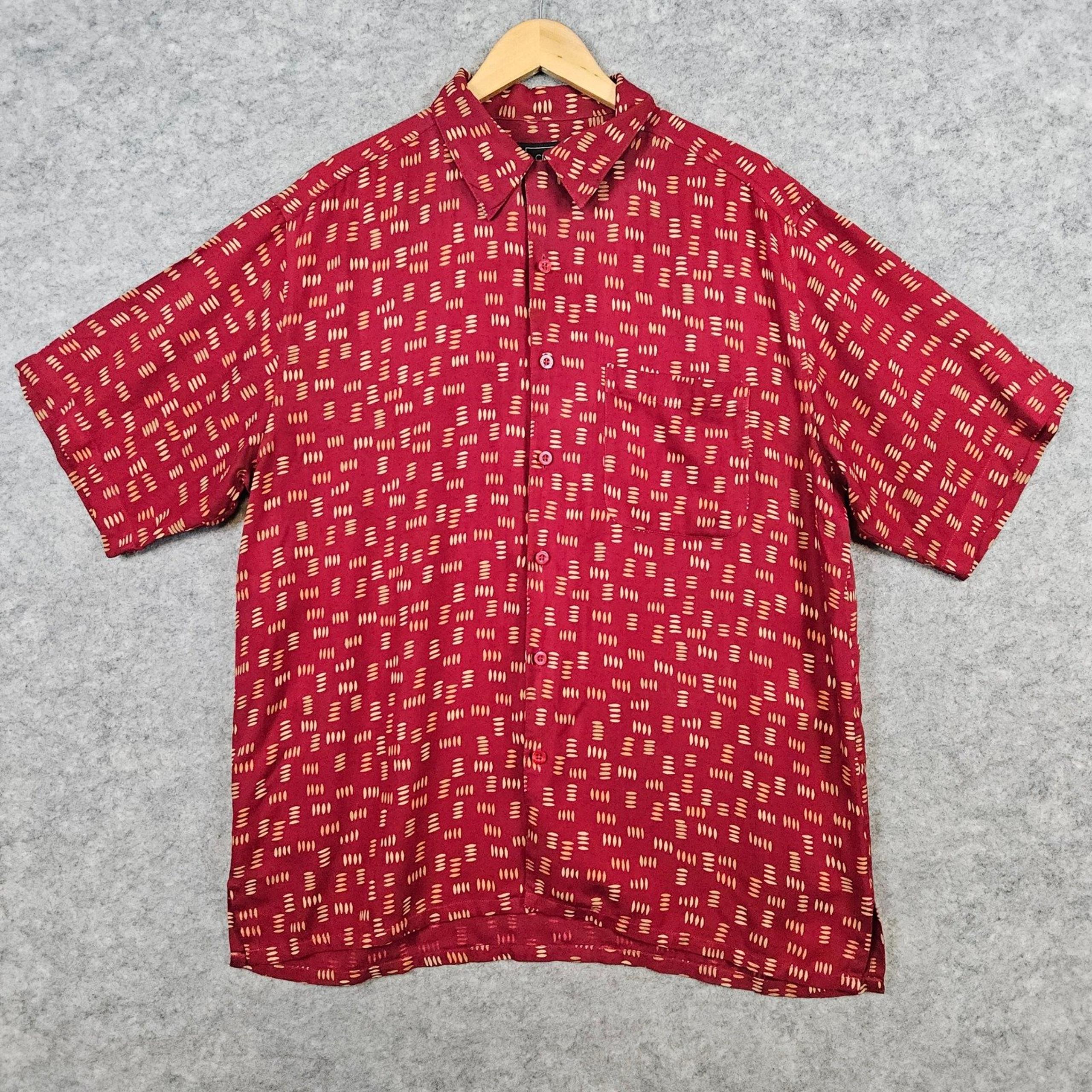 Cezani Men's Burgundy Geometric 100% Silk Shirt Size L Short Sleeve Tropical